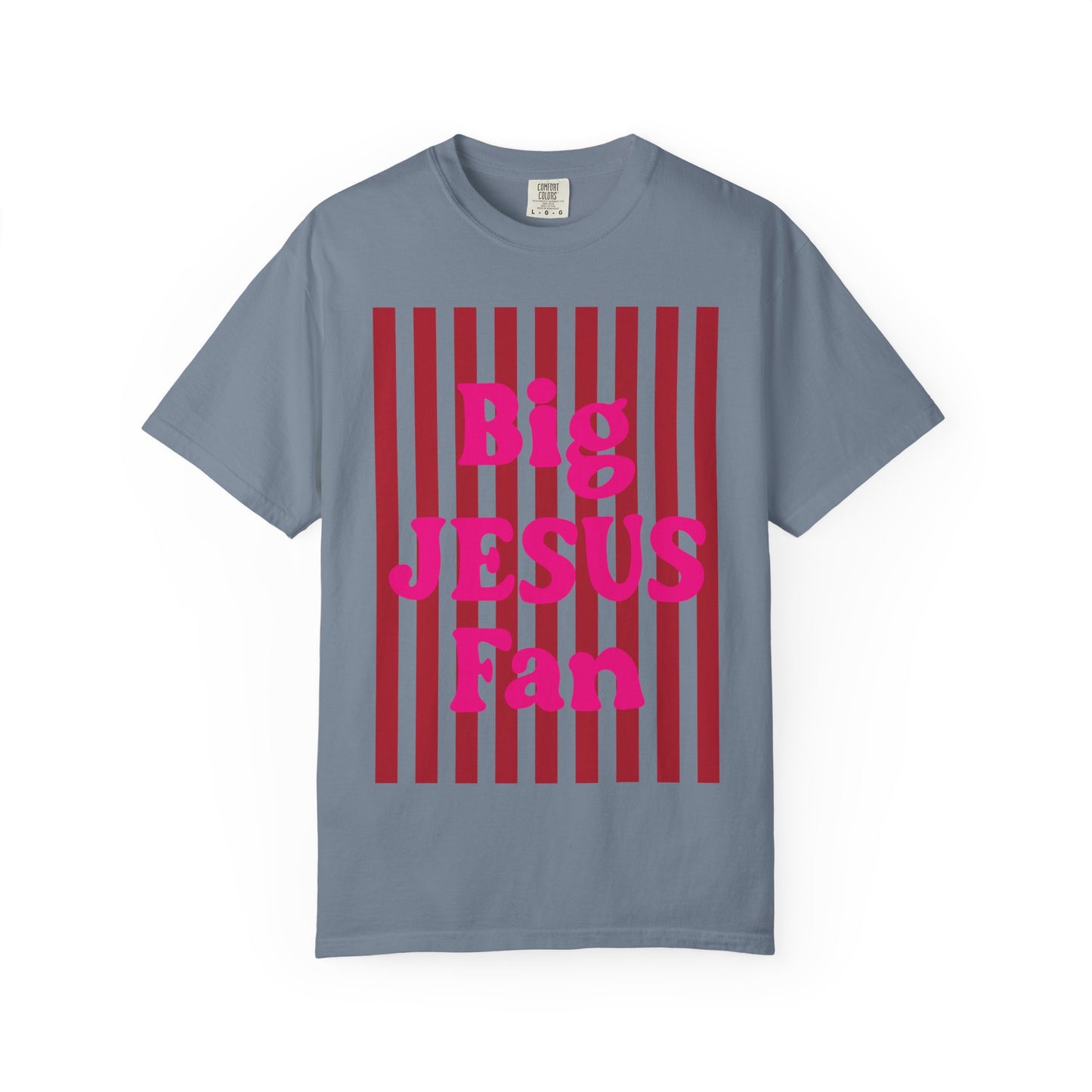 Christian Graphic T-Shirt — "Big Jesus Fan" Pink Text on Red Stripe Tee