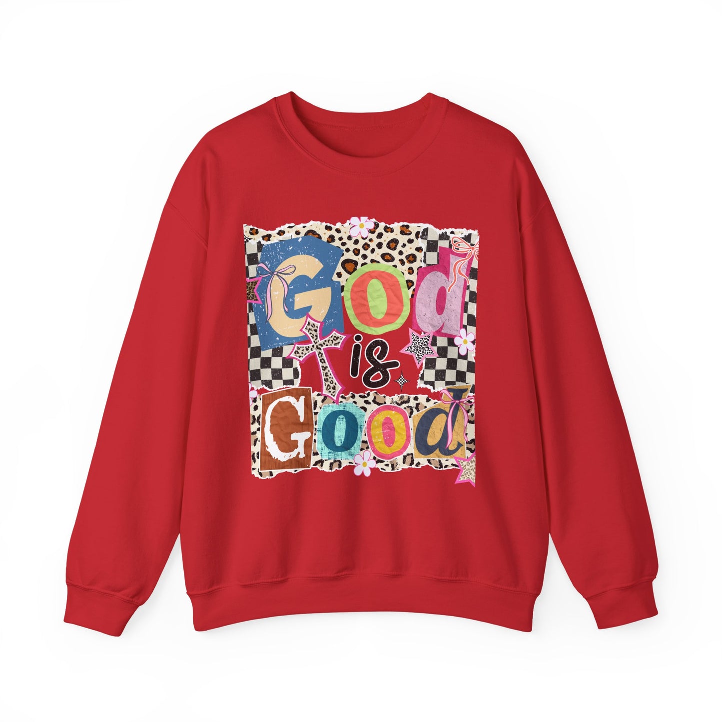 God Is Good Crewneck Sweatshirt — Colorful Patchwork Christian Graphic