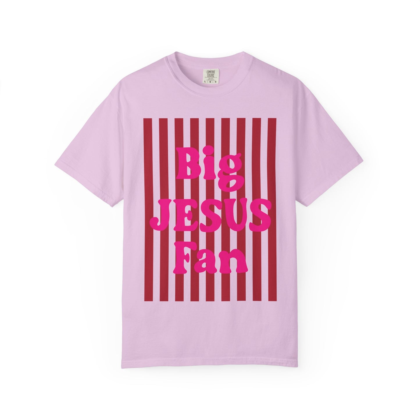 Christian Graphic T-Shirt — "Big Jesus Fan" Pink Text on Red Stripe Tee