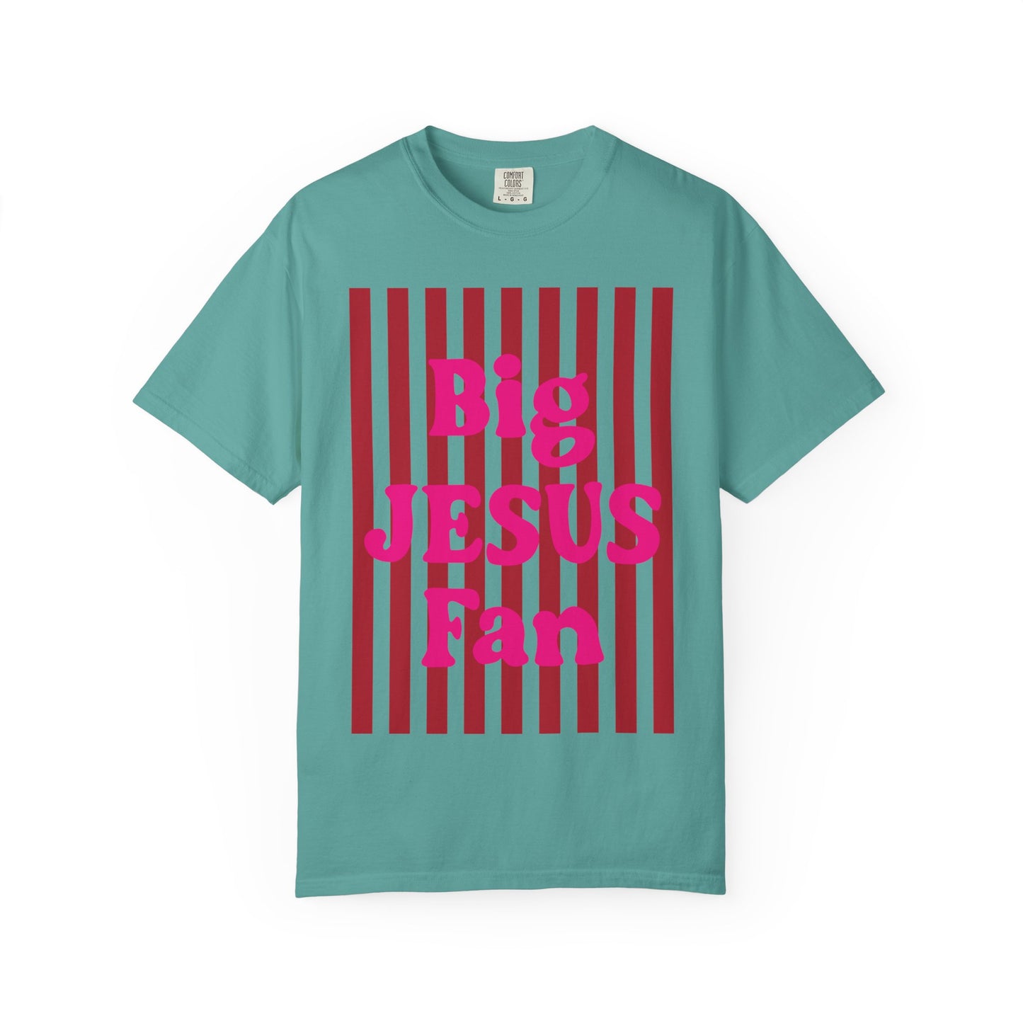 Christian Graphic T-Shirt — "Big Jesus Fan" Pink Text on Red Stripe Tee