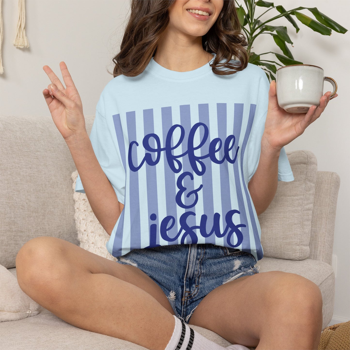 Coffee & Jesus T‑Shirt — Striped Faith Graphic Tee