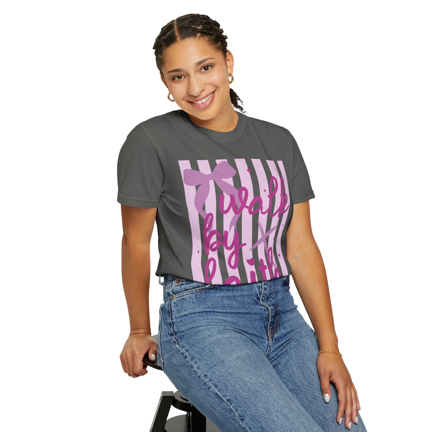Walk by Faith T-Shirt — Pink Script Faith Graphic Tee