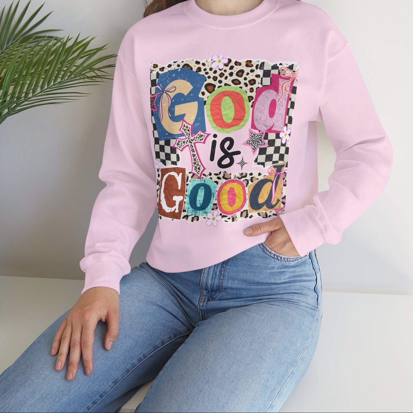 God Is Good Crewneck Sweatshirt — Colorful Patchwork Christian Graphic