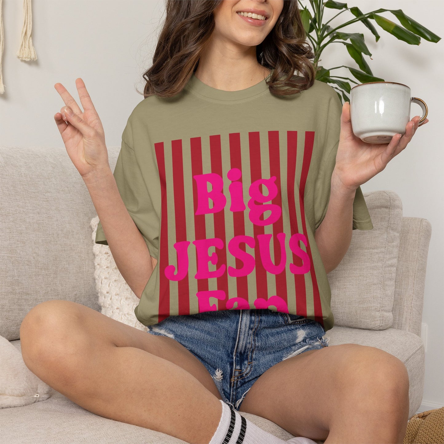 Christian Graphic T-Shirt — "Big Jesus Fan" Pink Text on Red Stripe Tee