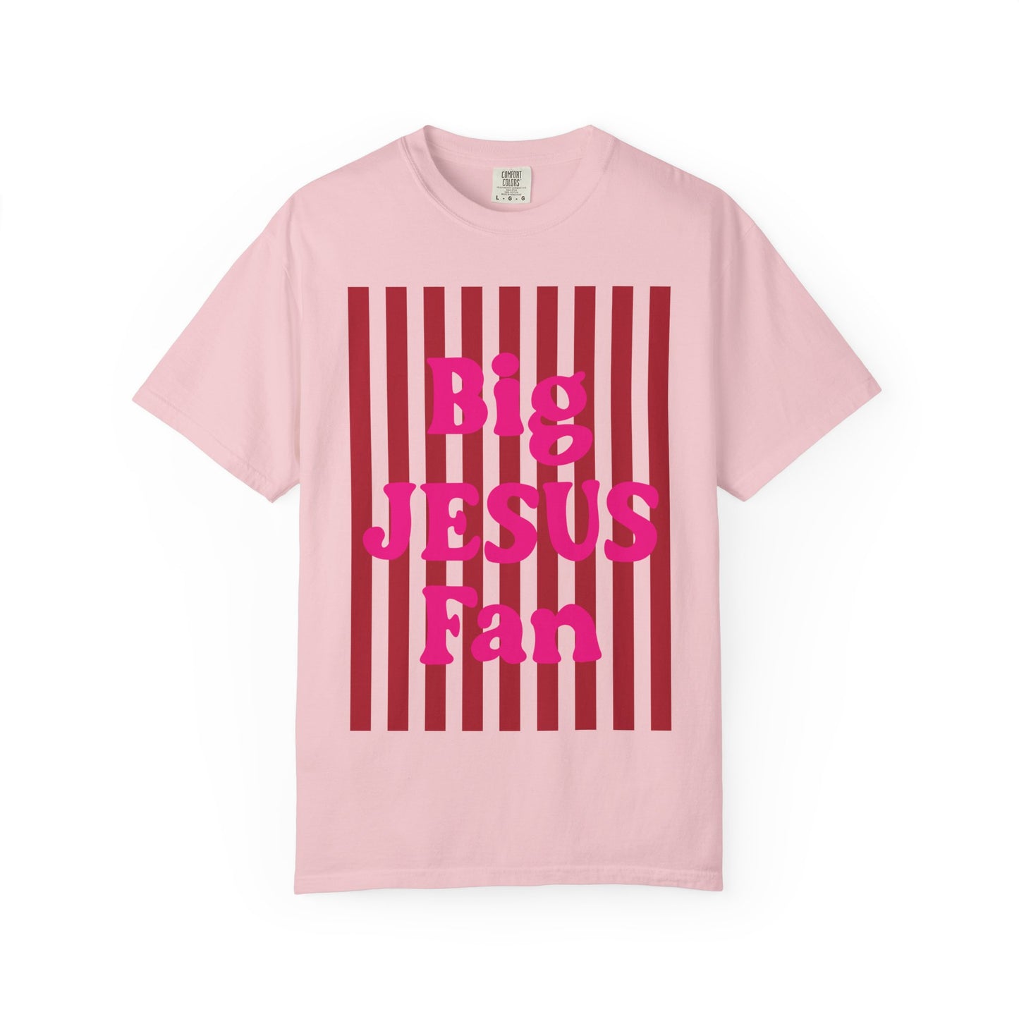 Christian Graphic T-Shirt — "Big Jesus Fan" Pink Text on Red Stripe Tee