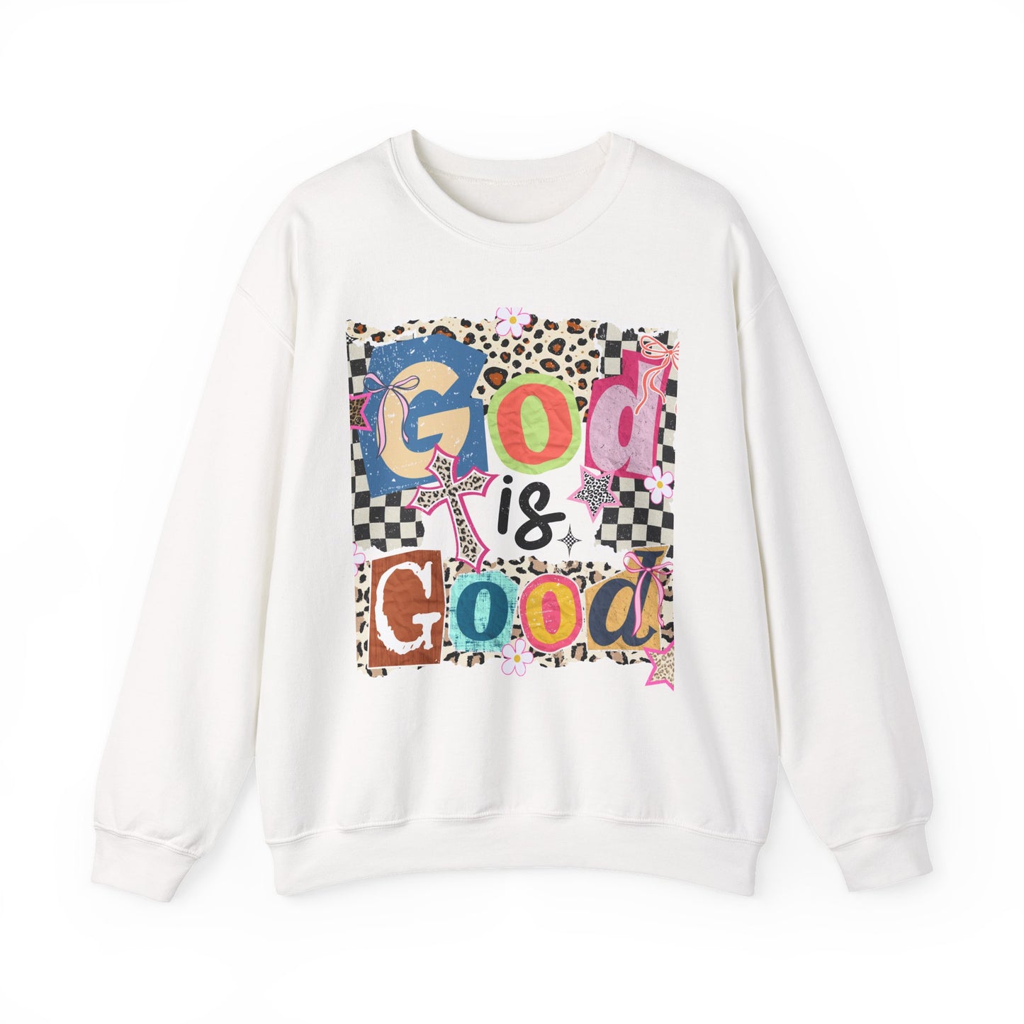 God Is Good Crewneck Sweatshirt — Colorful Patchwork Christian Graphic