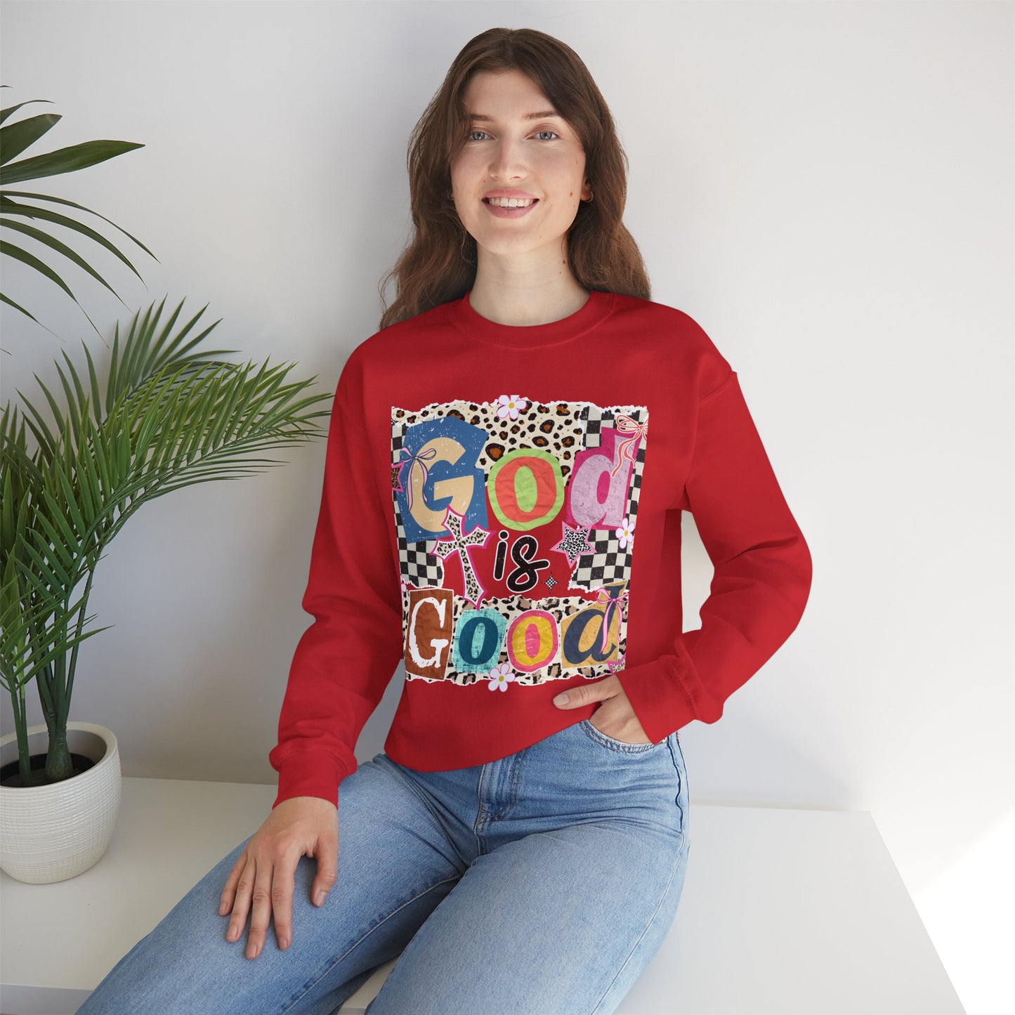 God Is Good Crewneck Sweatshirt — Colorful Patchwork Christian Graphic
