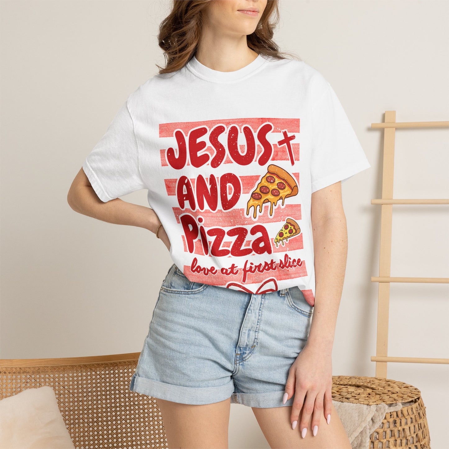Jesus and Pizza T-Shirt — 'Love at First Slice' Christian Graphic Tee