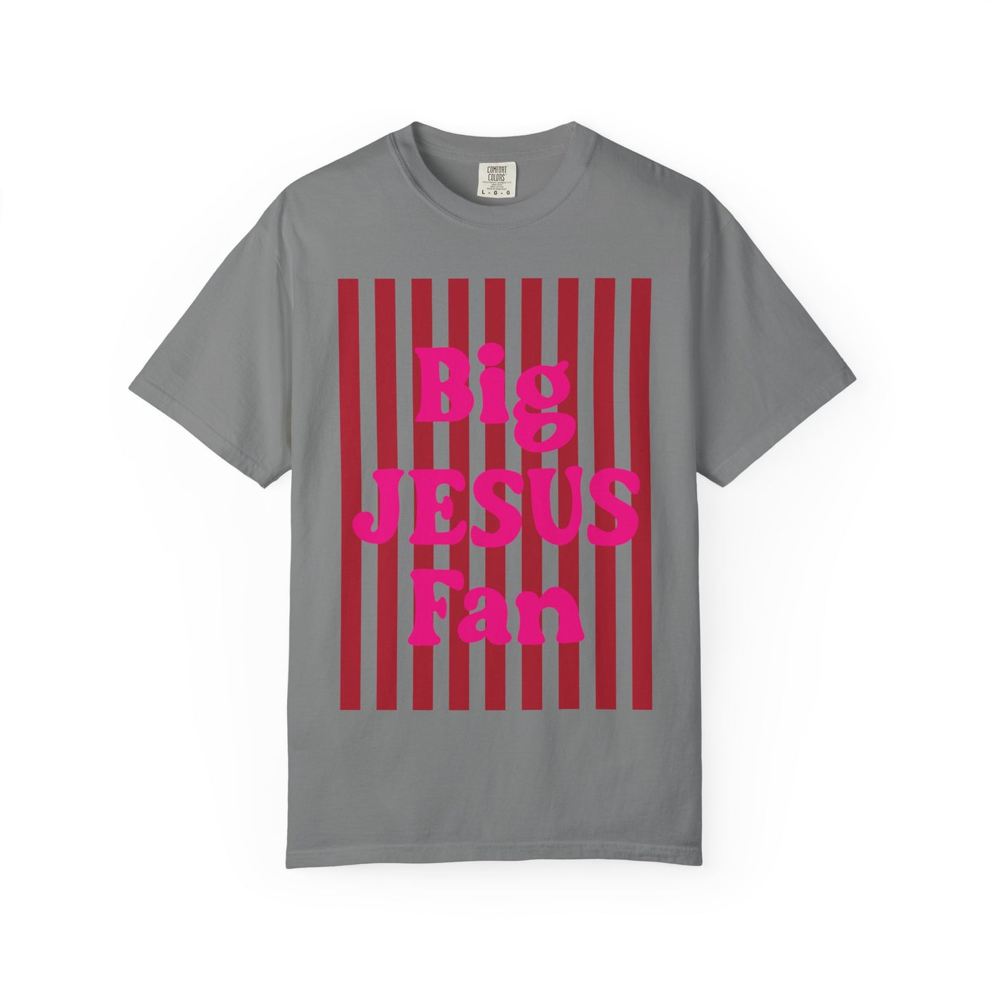 Christian Graphic T-Shirt — "Big Jesus Fan" Pink Text on Red Stripe Tee