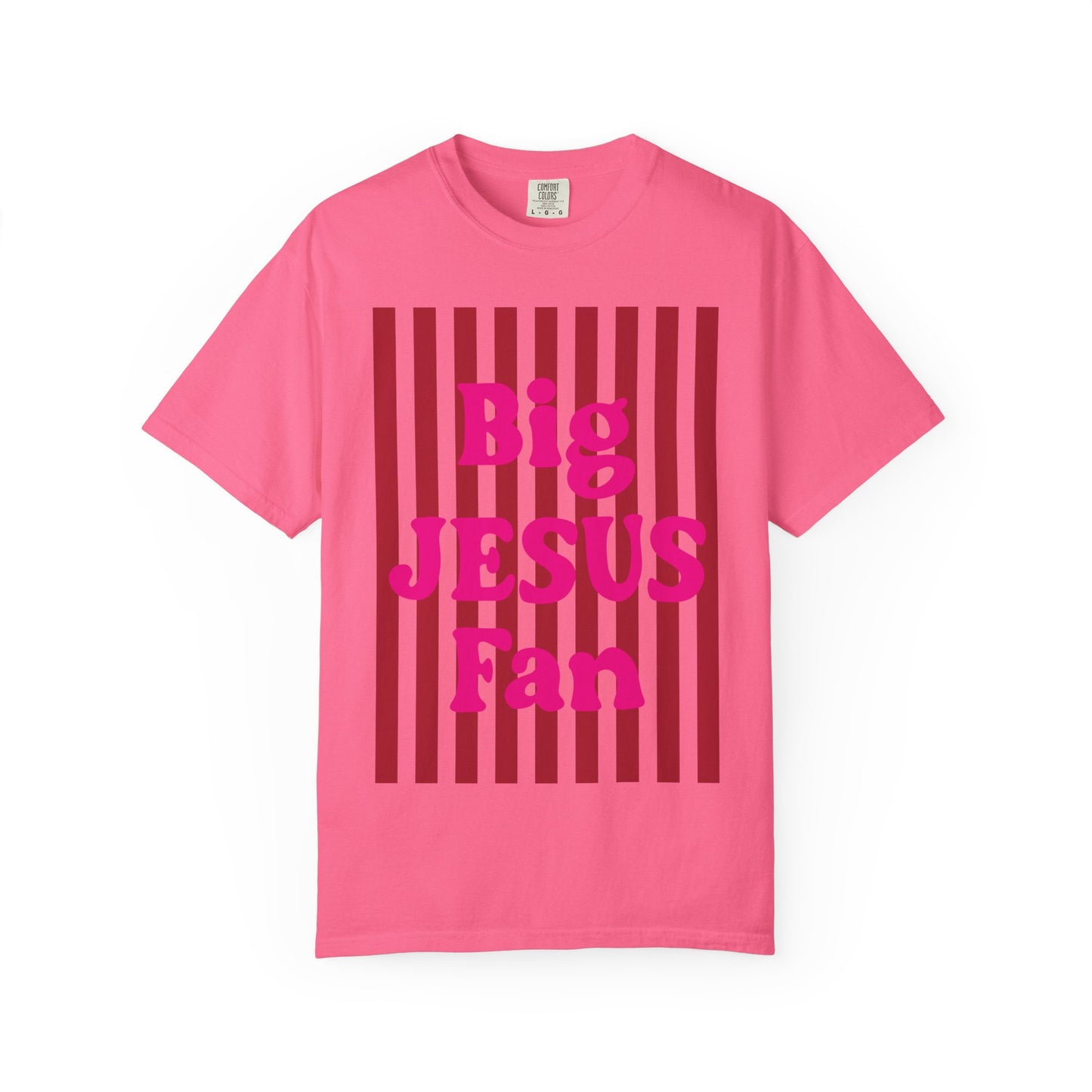 Christian Graphic T-Shirt — "Big Jesus Fan" Pink Text on Red Stripe Tee