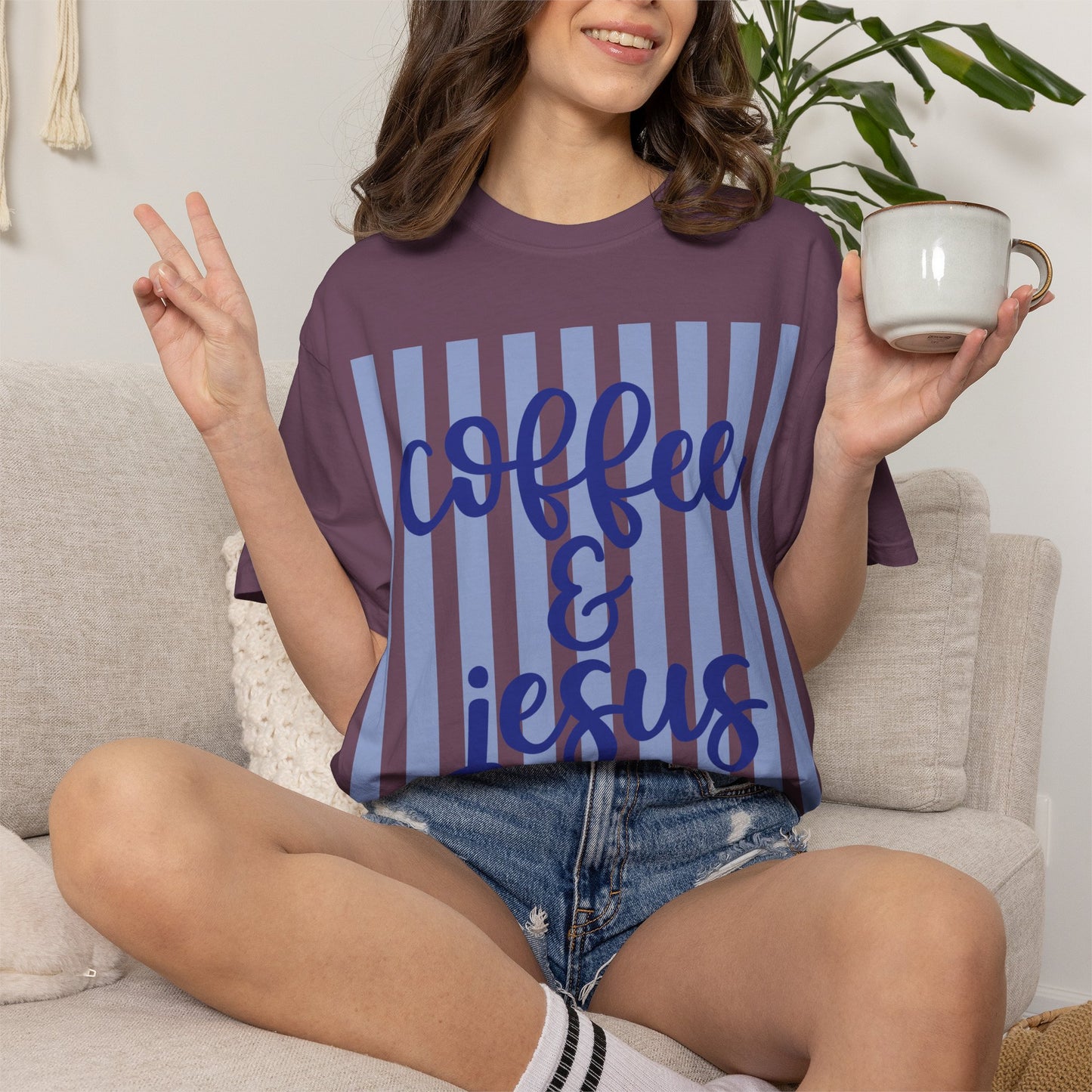 Coffee & Jesus T‑Shirt — Striped Faith Graphic Tee