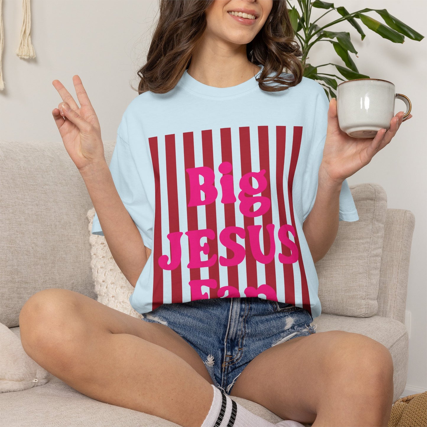 Christian Graphic T-Shirt — "Big Jesus Fan" Pink Text on Red Stripe Tee