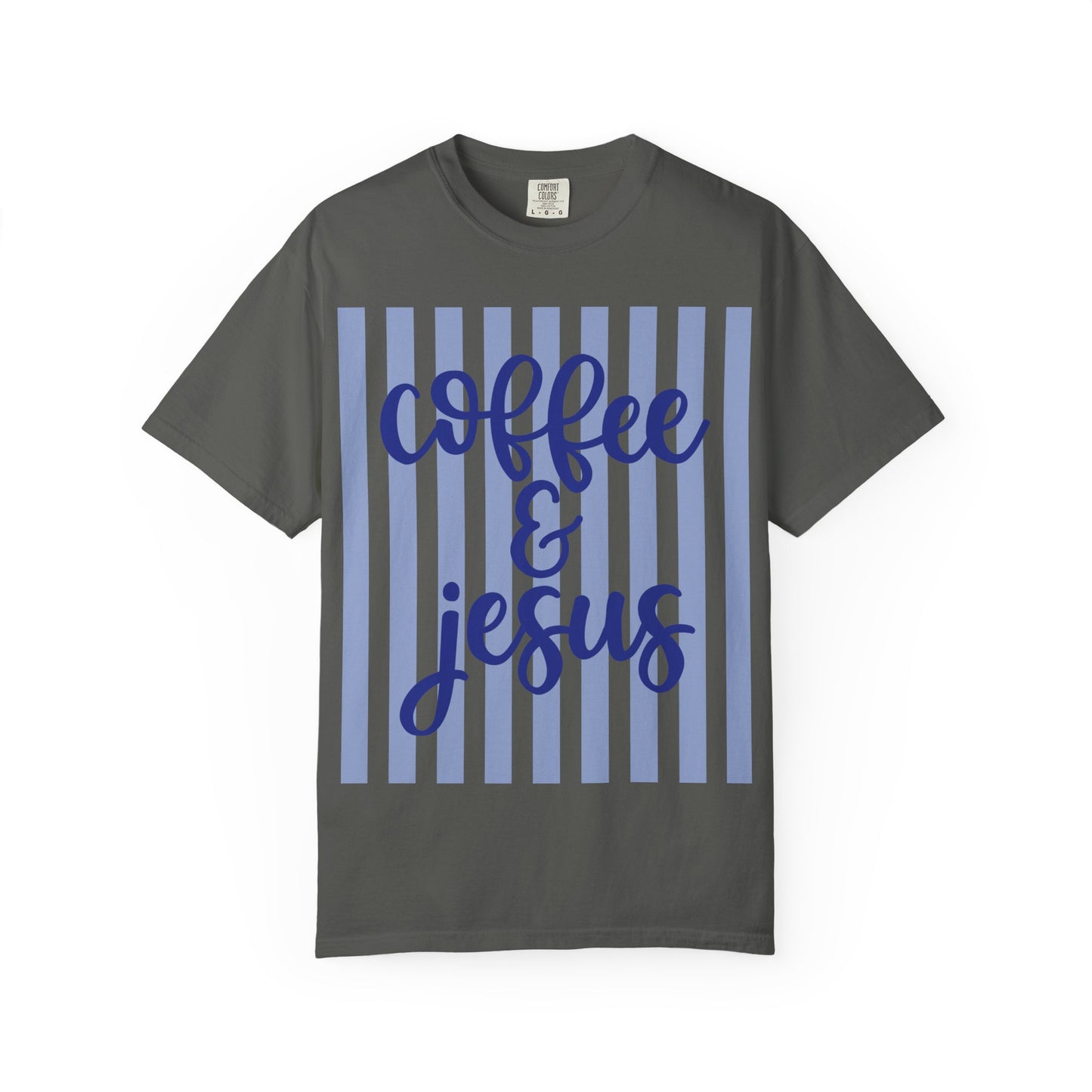 Coffee & Jesus T‑Shirt — Striped Faith Graphic Tee