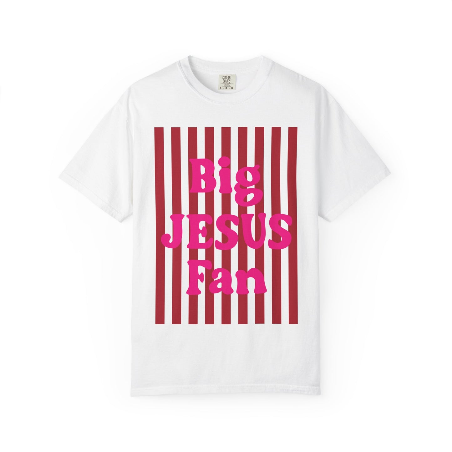 Christian Graphic T-Shirt — "Big Jesus Fan" Pink Text on Red Stripe Tee