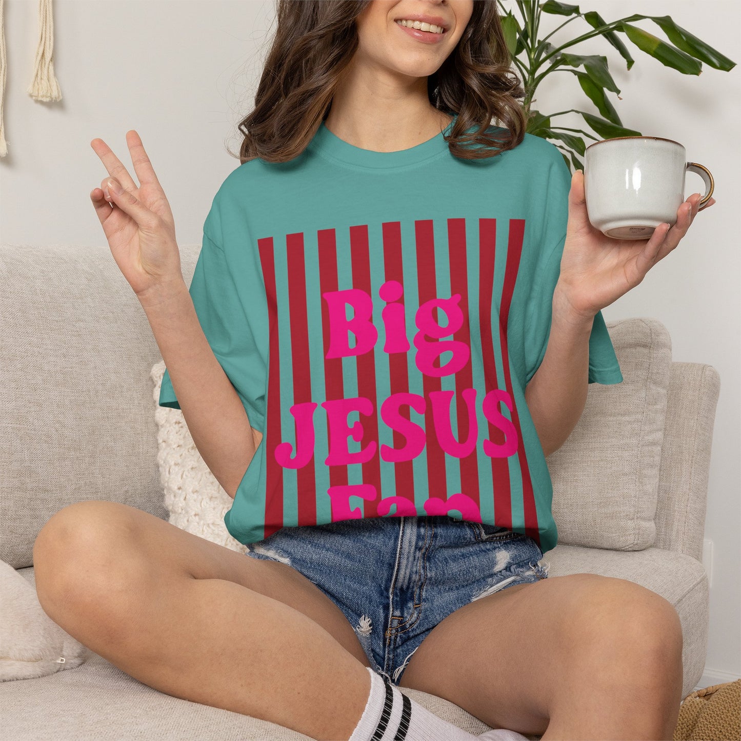 Christian Graphic T-Shirt — "Big Jesus Fan" Pink Text on Red Stripe Tee