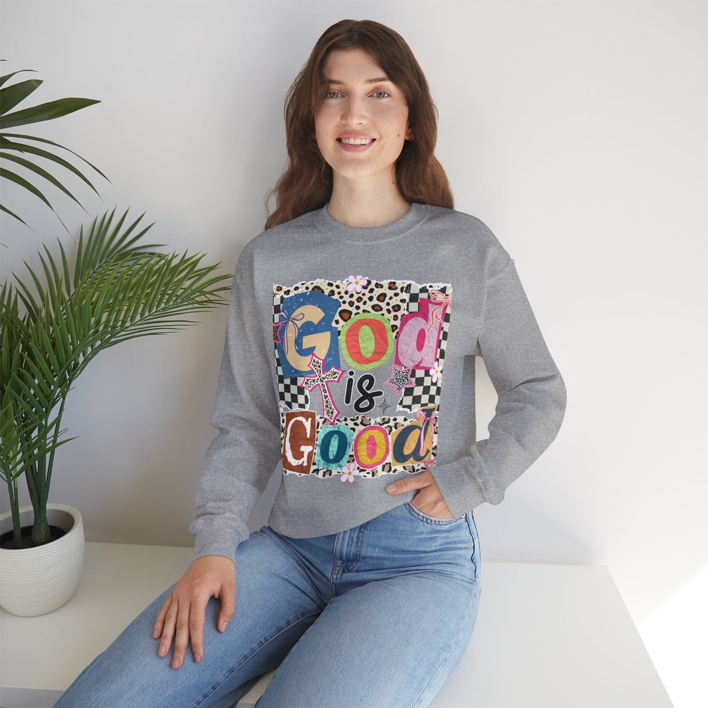God Is Good Crewneck Sweatshirt — Colorful Patchwork Christian Graphic