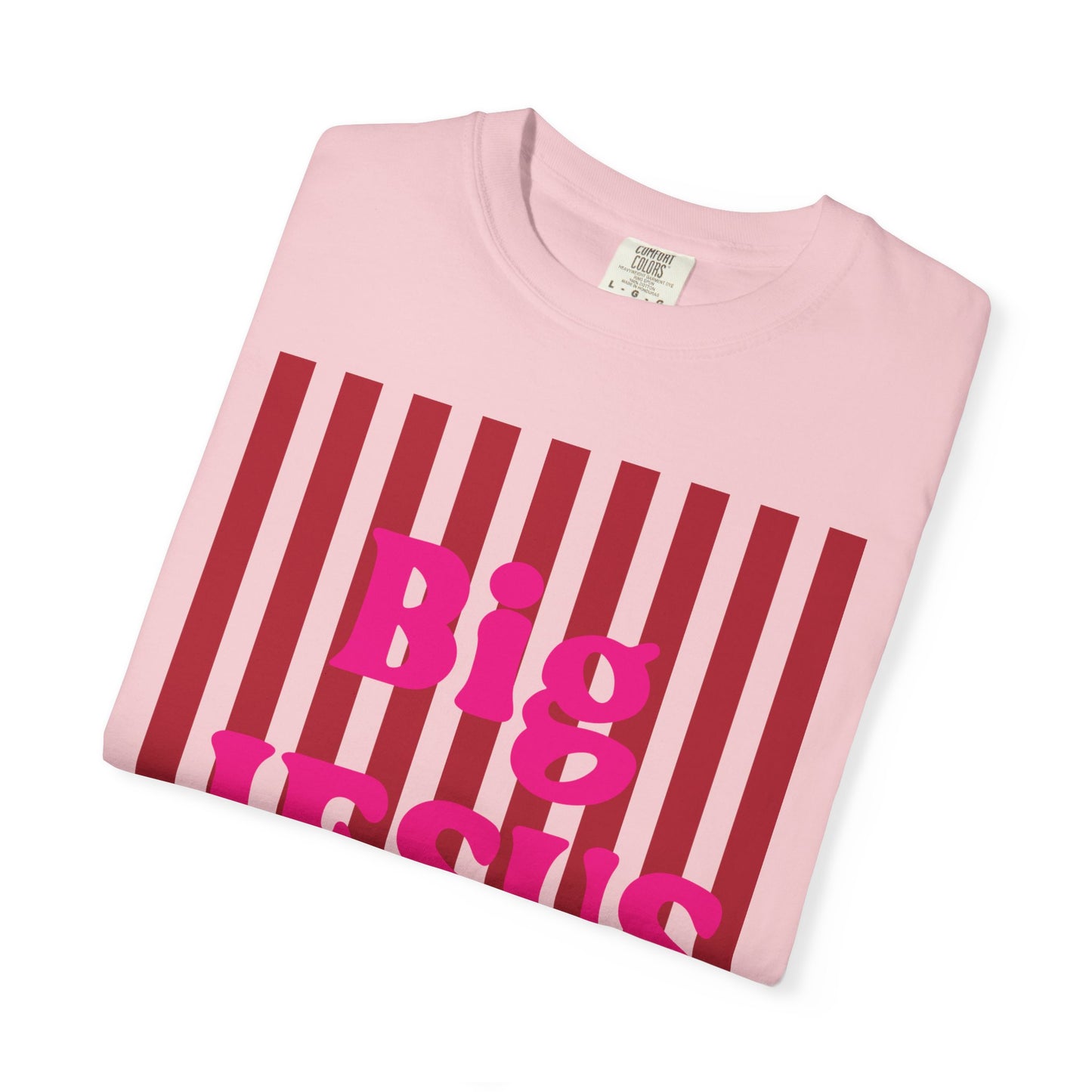 Christian Graphic T-Shirt — "Big Jesus Fan" Pink Text on Red Stripe Tee