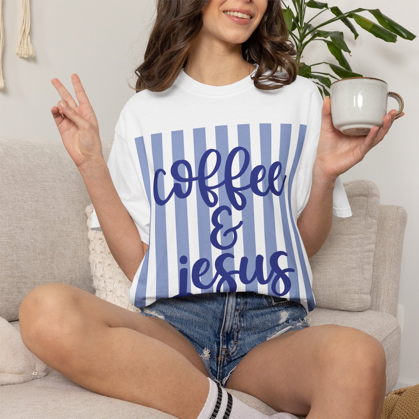 Coffee & Jesus T‑Shirt — Striped Faith Graphic Tee