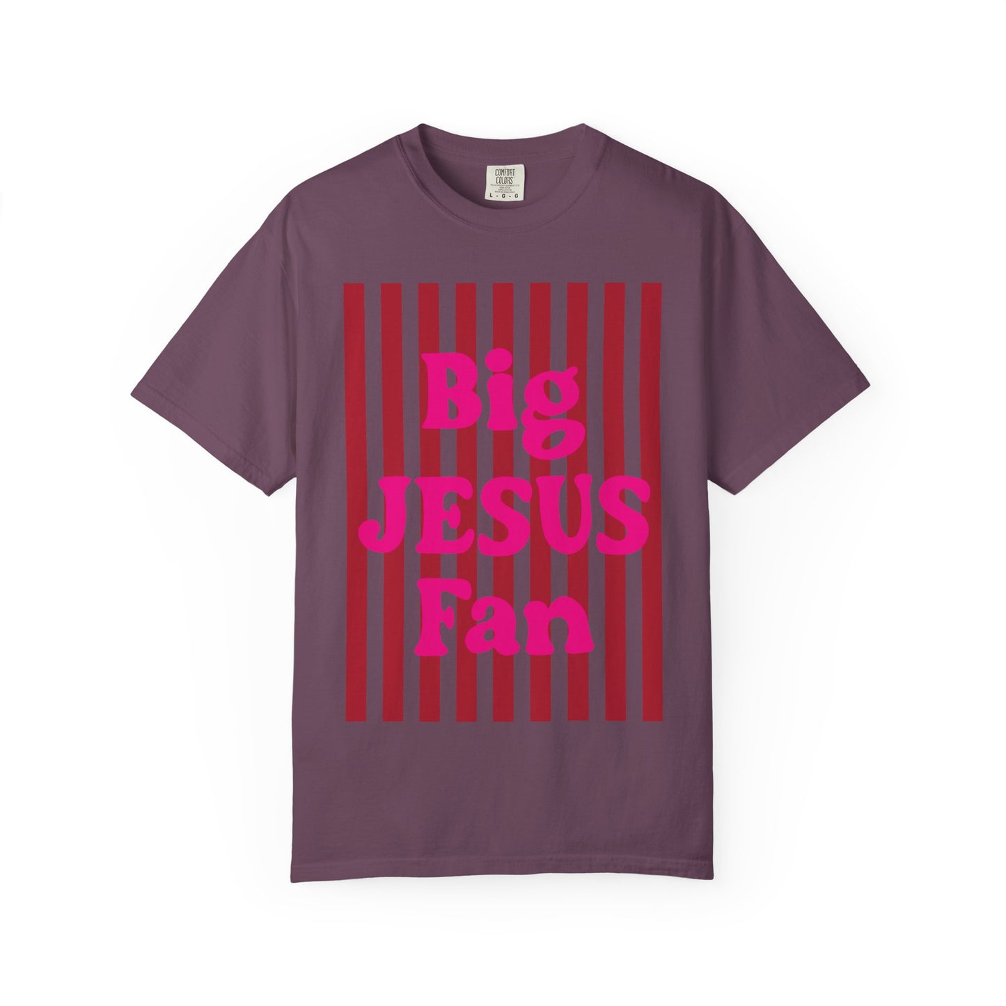 Christian Graphic T-Shirt — "Big Jesus Fan" Pink Text on Red Stripe Tee