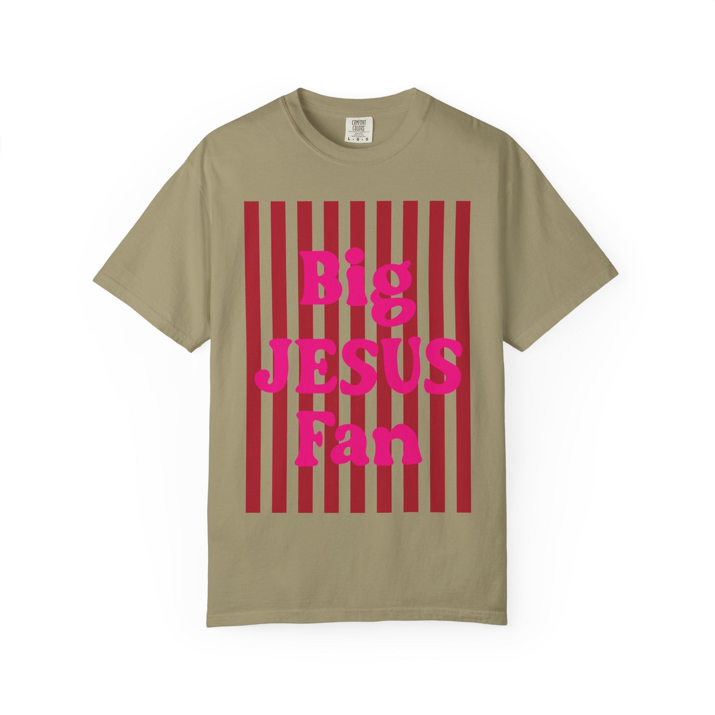 Christian Graphic T-Shirt — "Big Jesus Fan" Pink Text on Red Stripe Tee