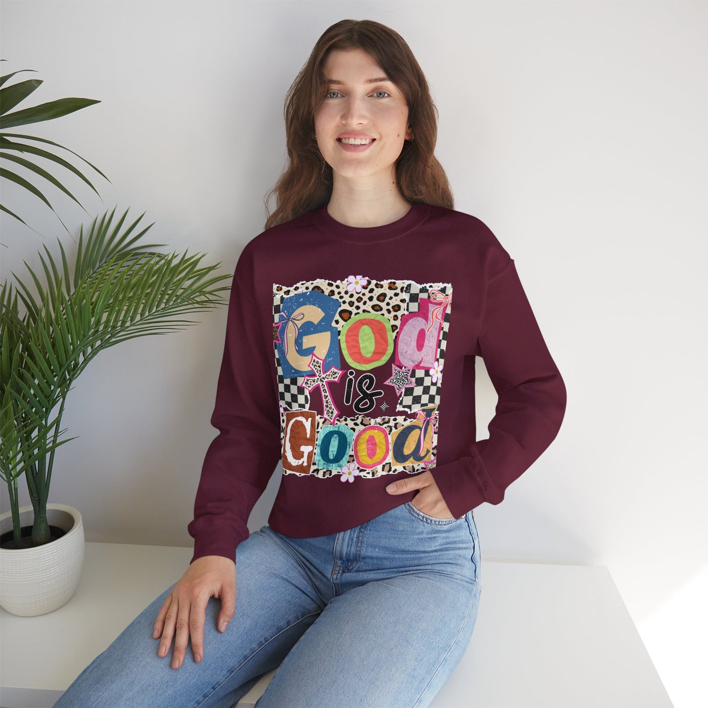 God Is Good Crewneck Sweatshirt — Colorful Patchwork Christian Graphic