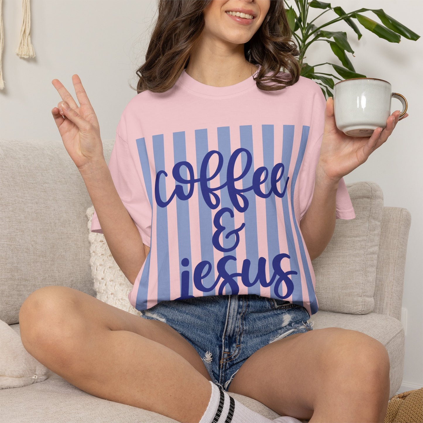 Coffee & Jesus T‑Shirt — Striped Faith Graphic Tee