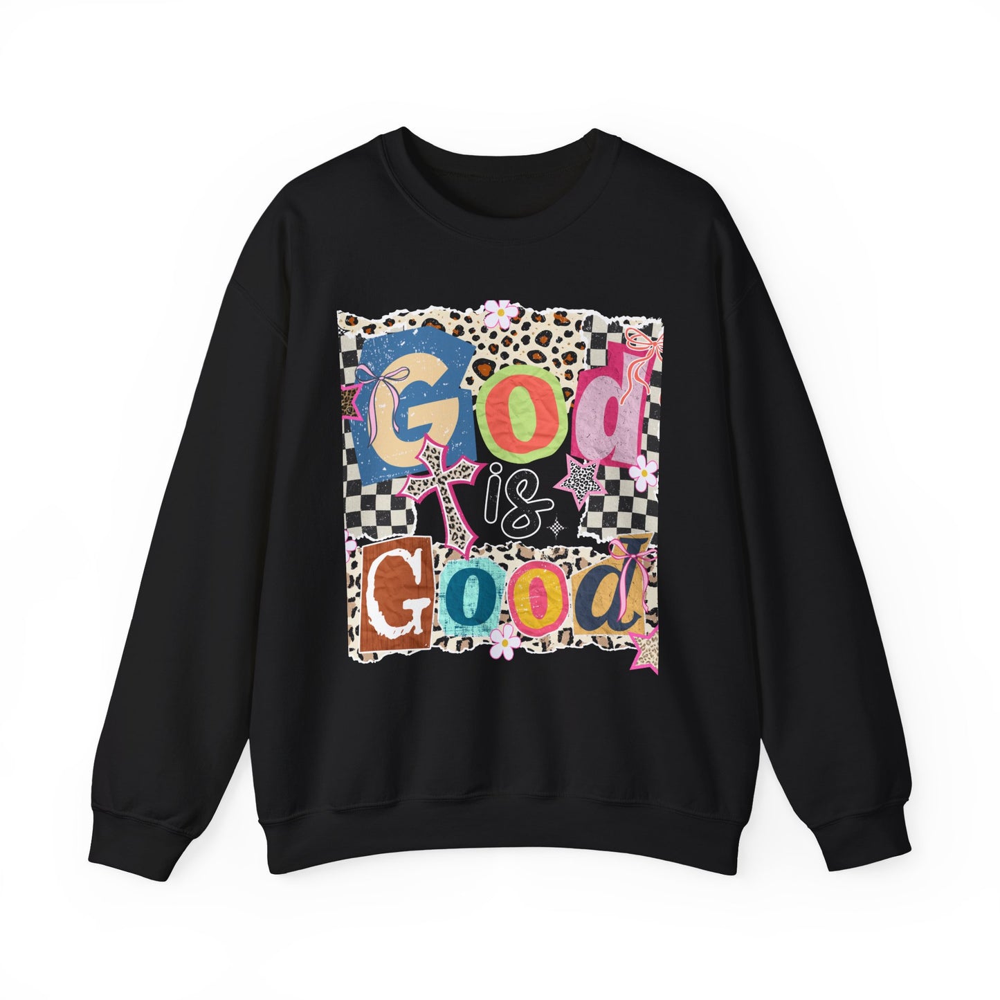 God Is Good Crewneck Sweatshirt — Colorful Patchwork Christian Graphic