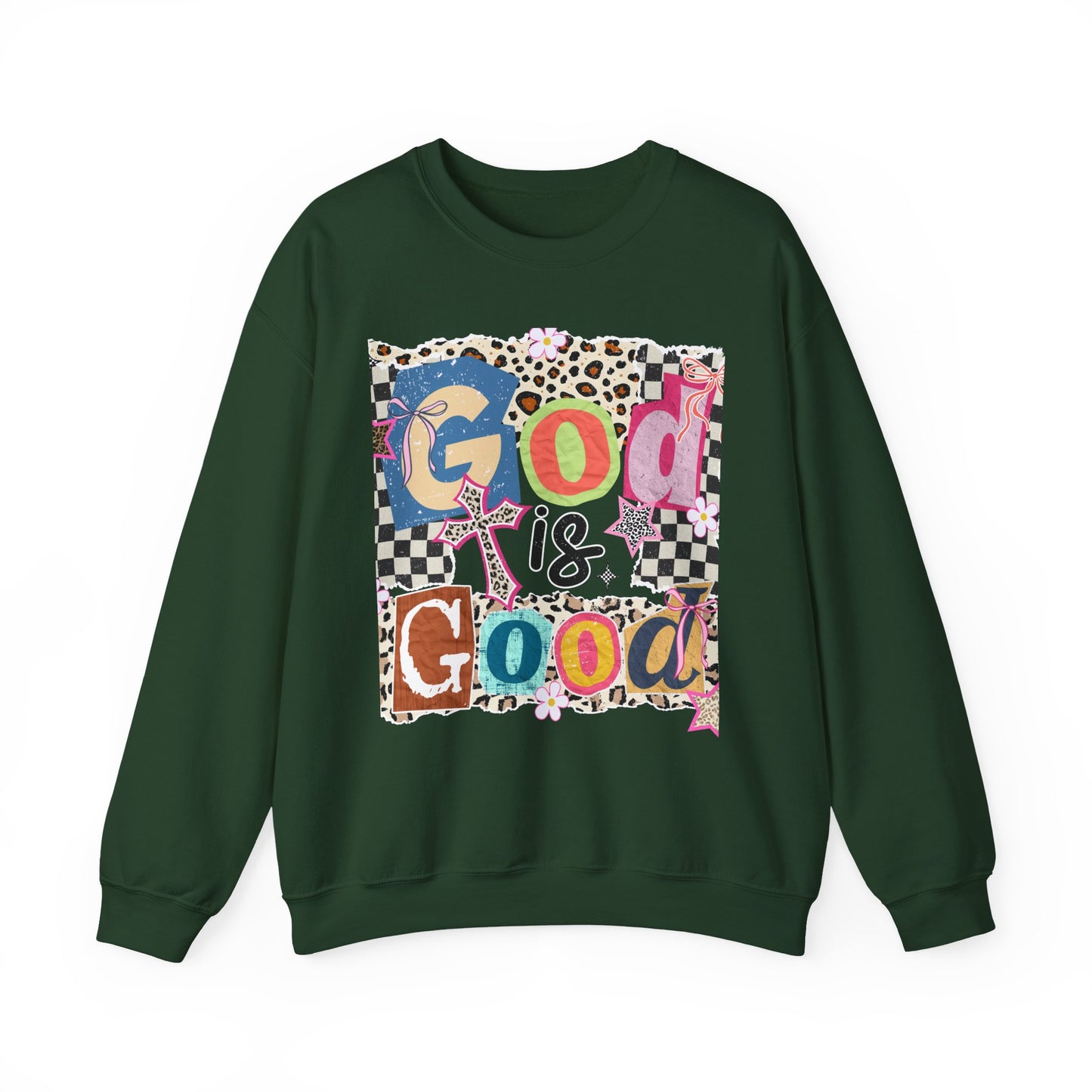 God Is Good Crewneck Sweatshirt — Colorful Patchwork Christian Graphic