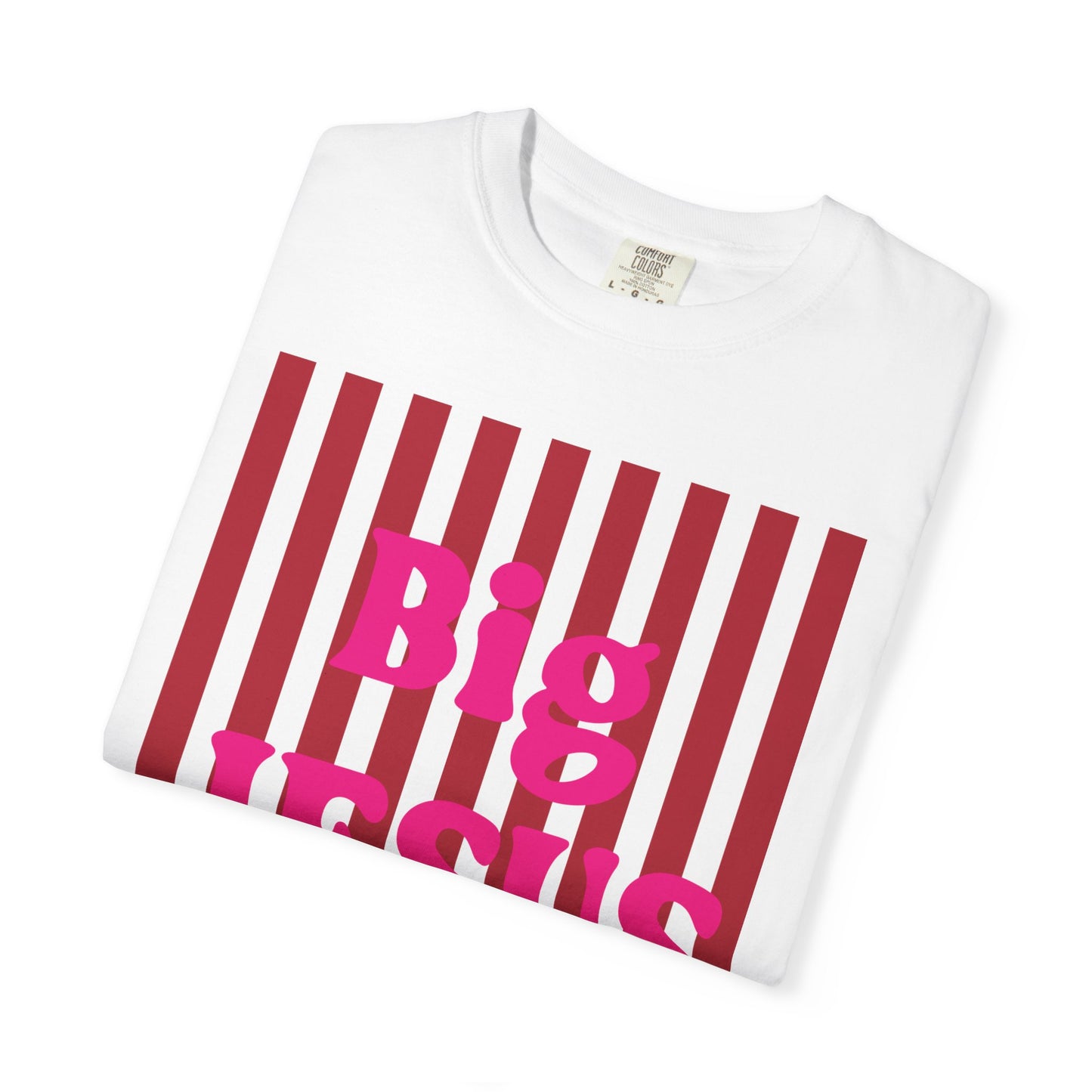 Christian Graphic T-Shirt — "Big Jesus Fan" Pink Text on Red Stripe Tee