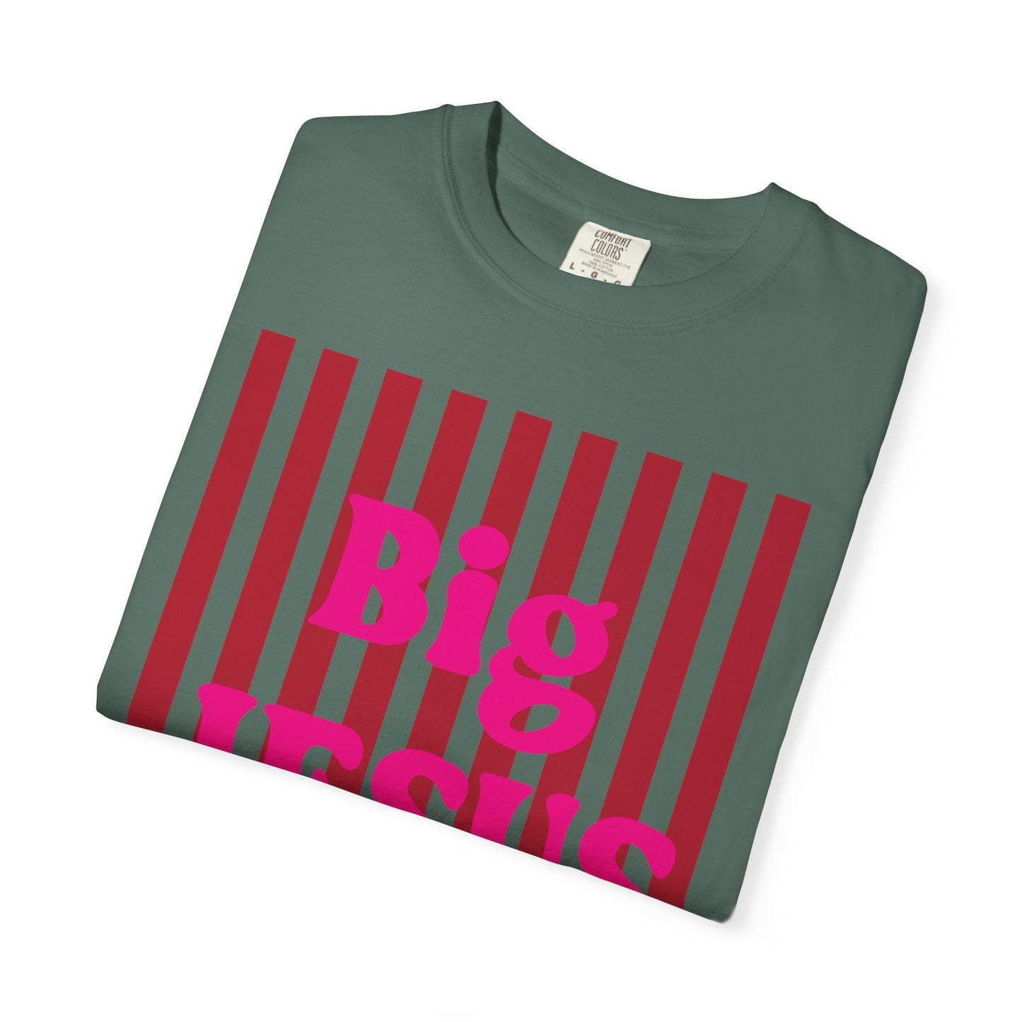 Christian Graphic T-Shirt — "Big Jesus Fan" Pink Text on Red Stripe Tee