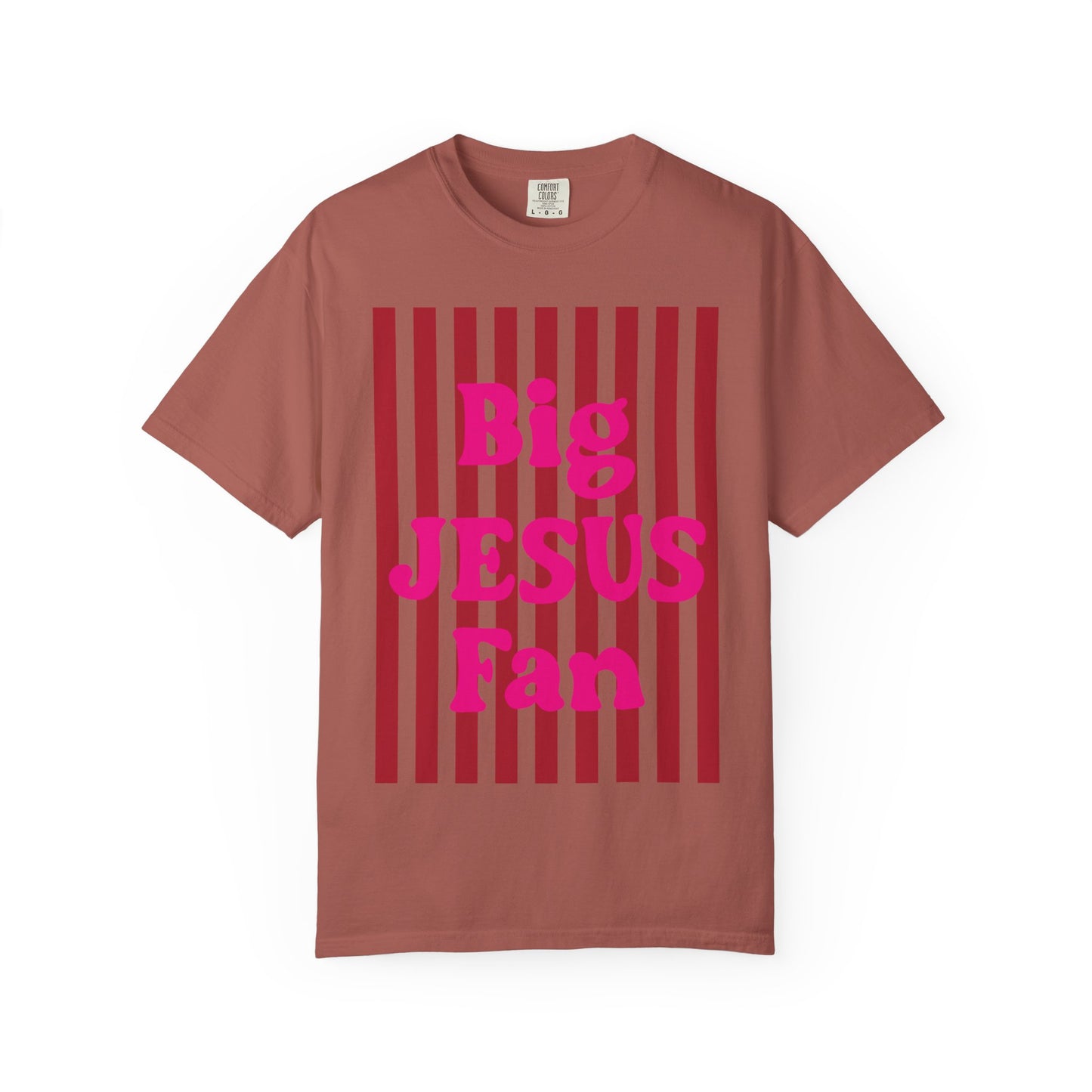 Christian Graphic T-Shirt — "Big Jesus Fan" Pink Text on Red Stripe Tee
