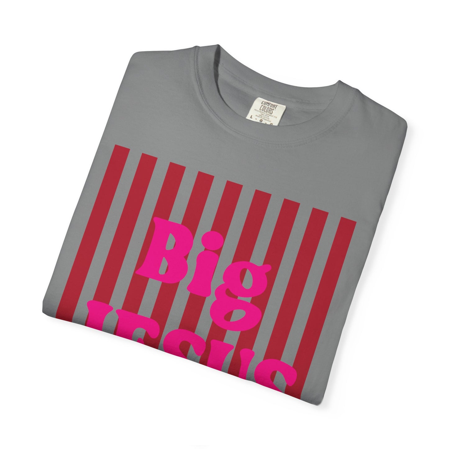 Christian Graphic T-Shirt — "Big Jesus Fan" Pink Text on Red Stripe Tee