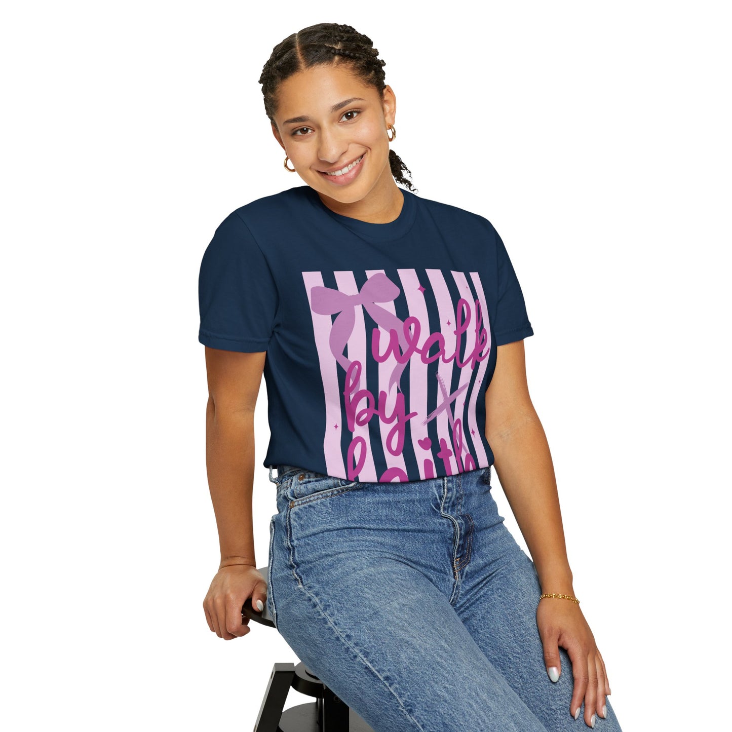 Walk by Faith T-Shirt — Pink Script Faith Graphic Tee