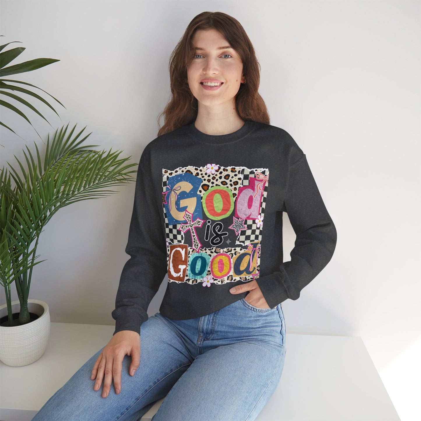 God Is Good Crewneck Sweatshirt — Colorful Patchwork Christian Graphic