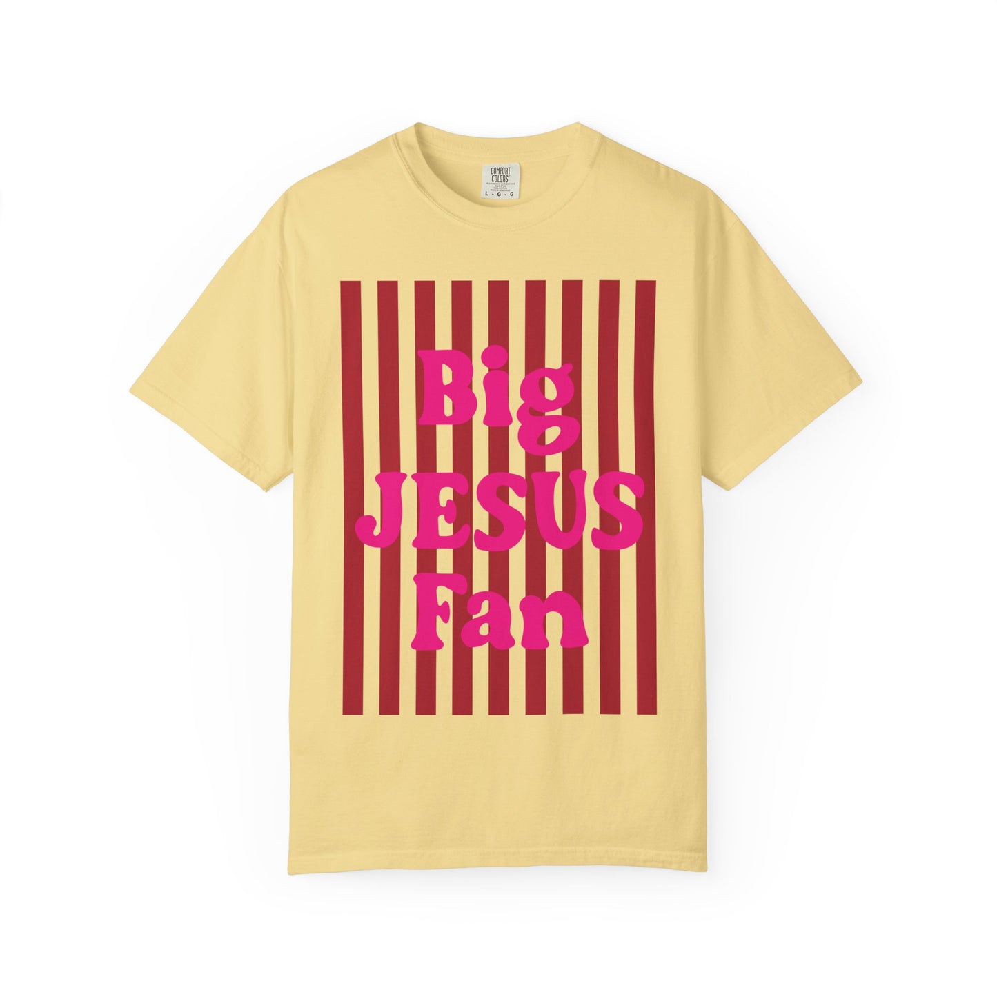 Christian Graphic T-Shirt — "Big Jesus Fan" Pink Text on Red Stripe Tee
