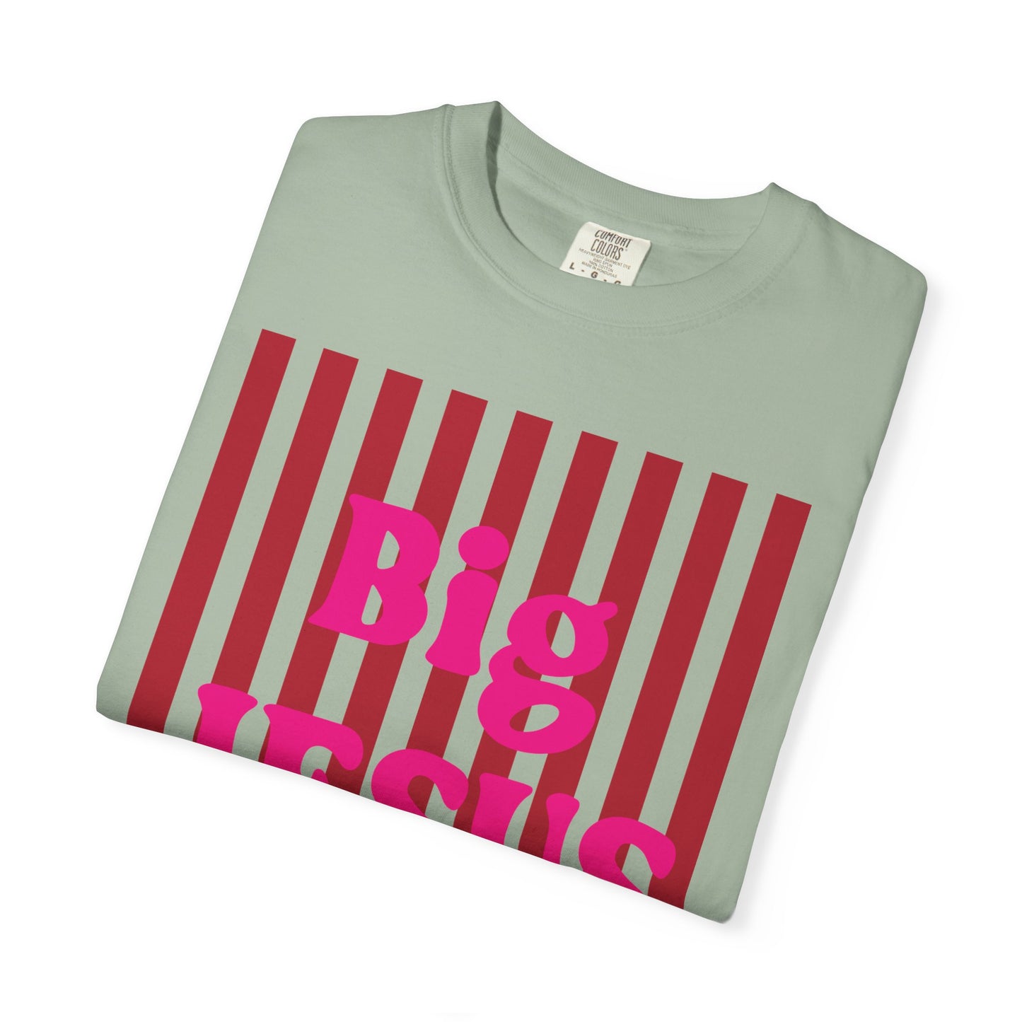 Christian Graphic T-Shirt — "Big Jesus Fan" Pink Text on Red Stripe Tee