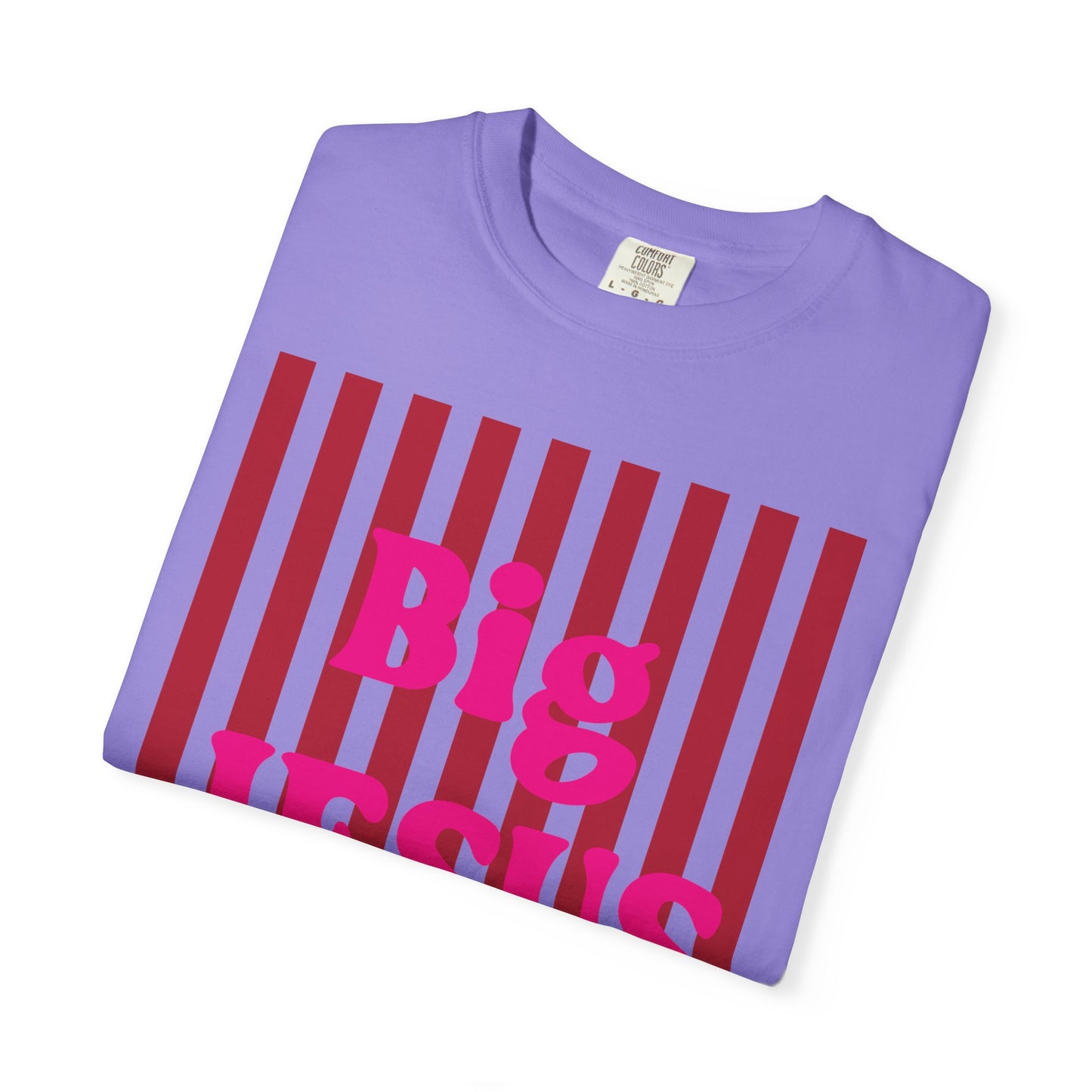 Christian Graphic T-Shirt — "Big Jesus Fan" Pink Text on Red Stripe Tee
