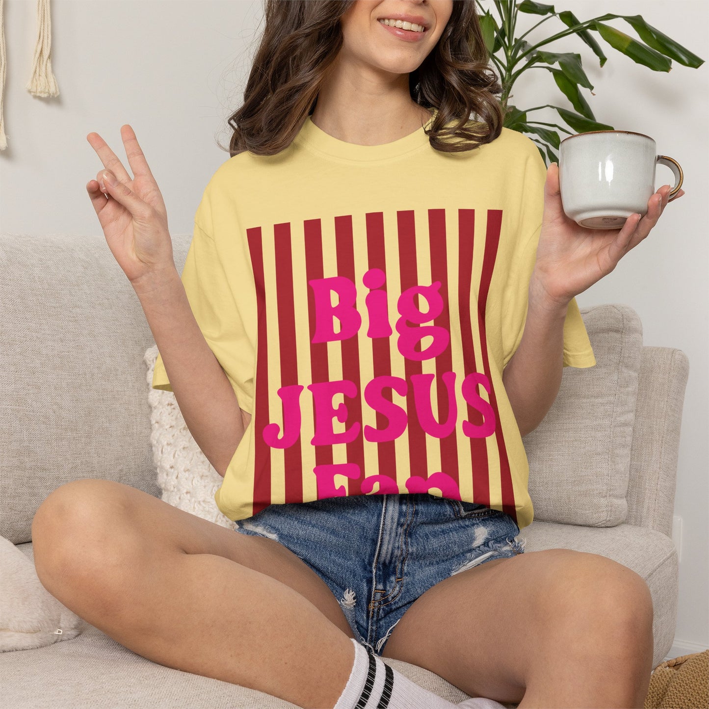Christian Graphic T-Shirt — "Big Jesus Fan" Pink Text on Red Stripe Tee