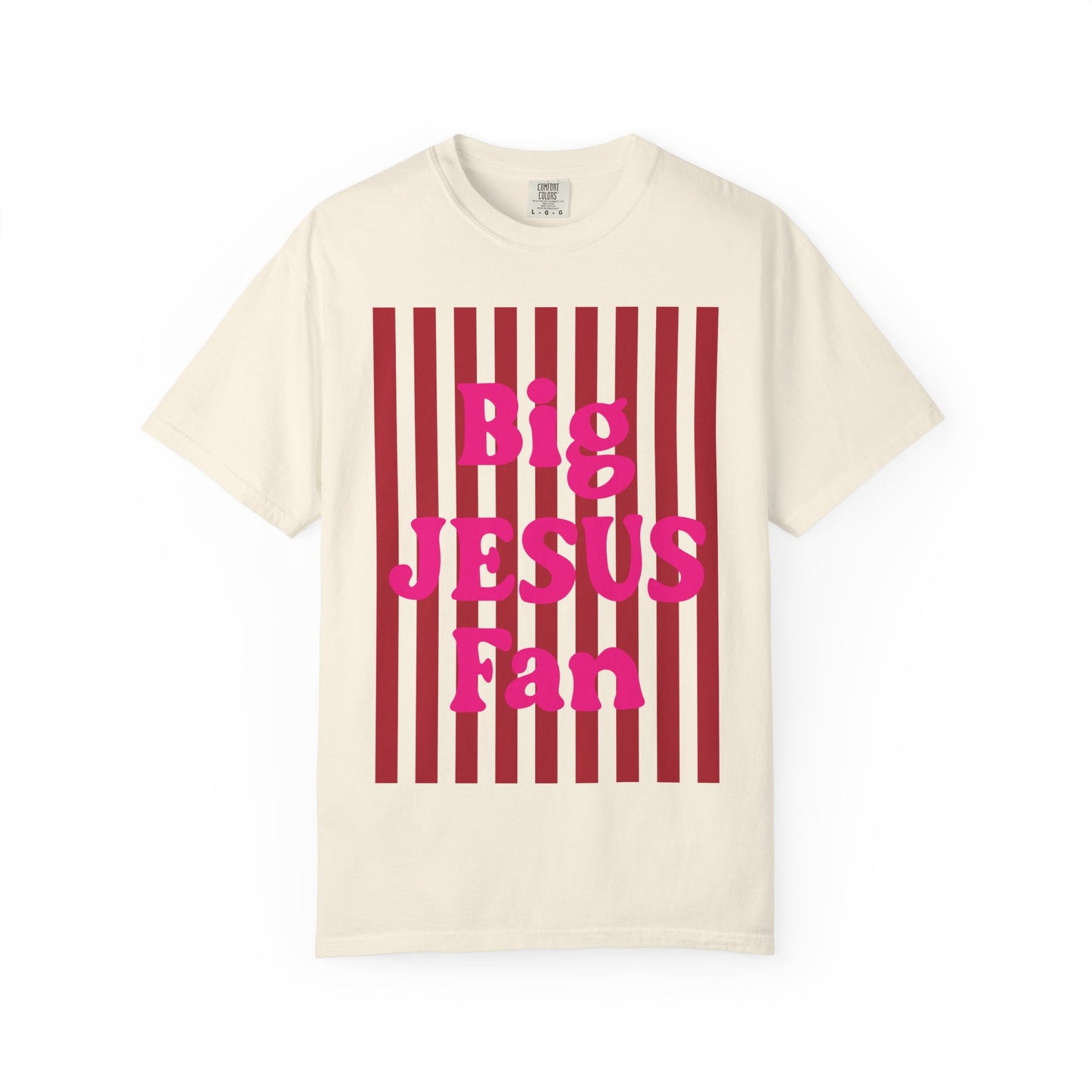 Christian Graphic T-Shirt — "Big Jesus Fan" Pink Text on Red Stripe Tee
