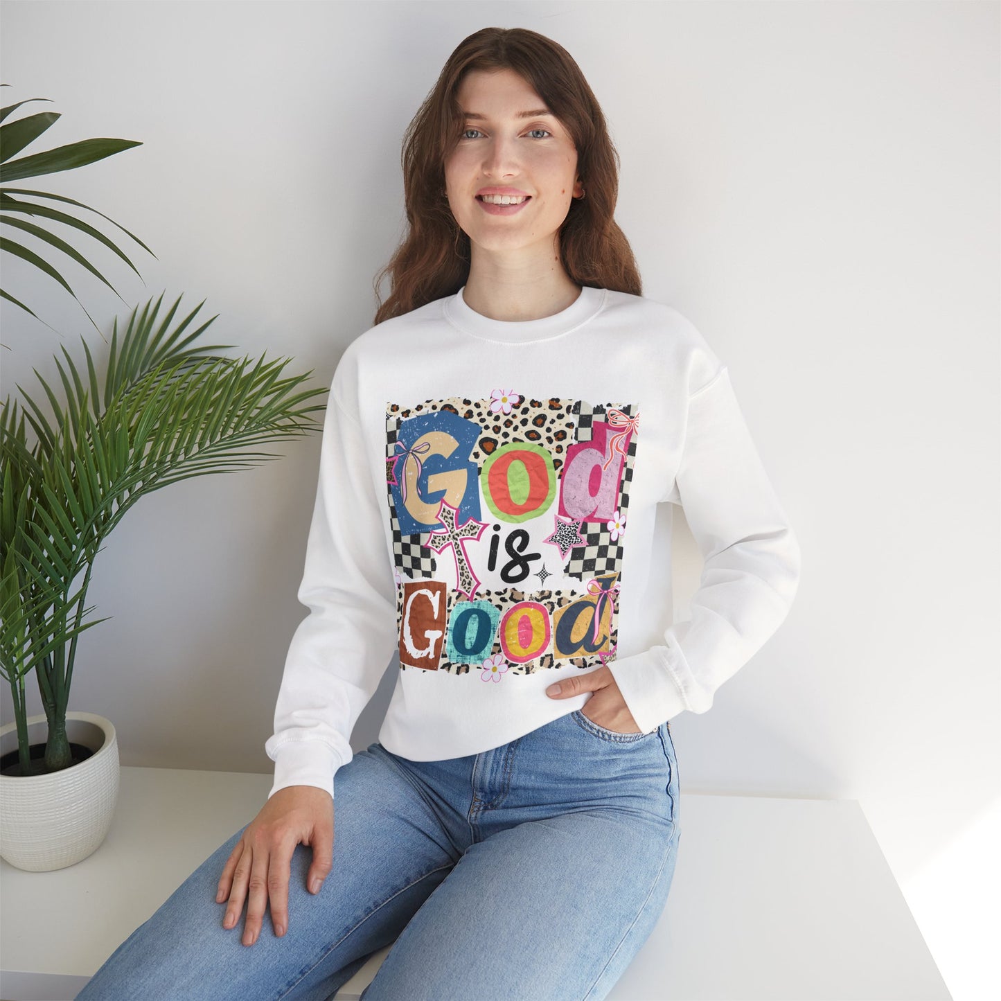 God Is Good Crewneck Sweatshirt — Colorful Patchwork Christian Graphic
