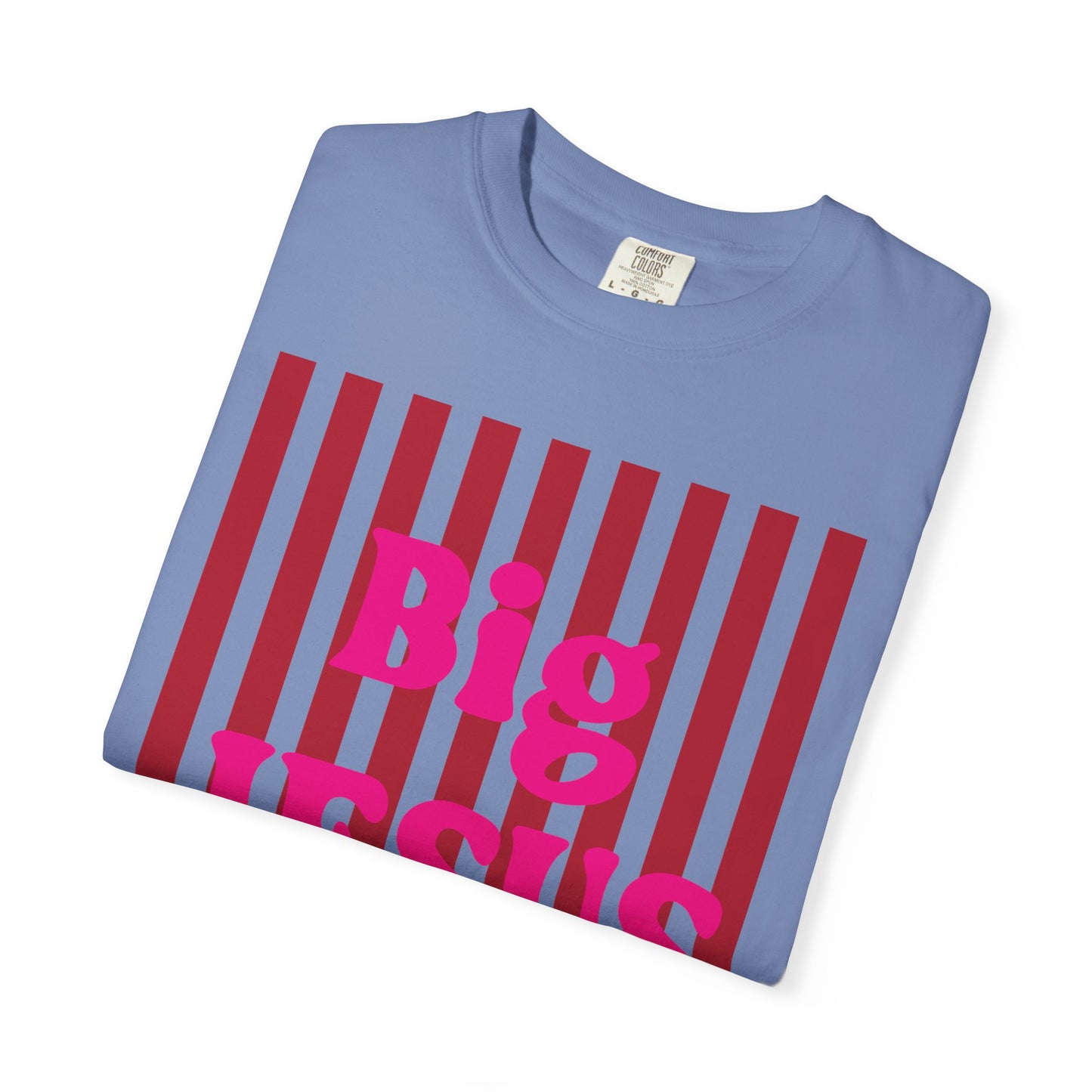 Christian Graphic T-Shirt — "Big Jesus Fan" Pink Text on Red Stripe Tee
