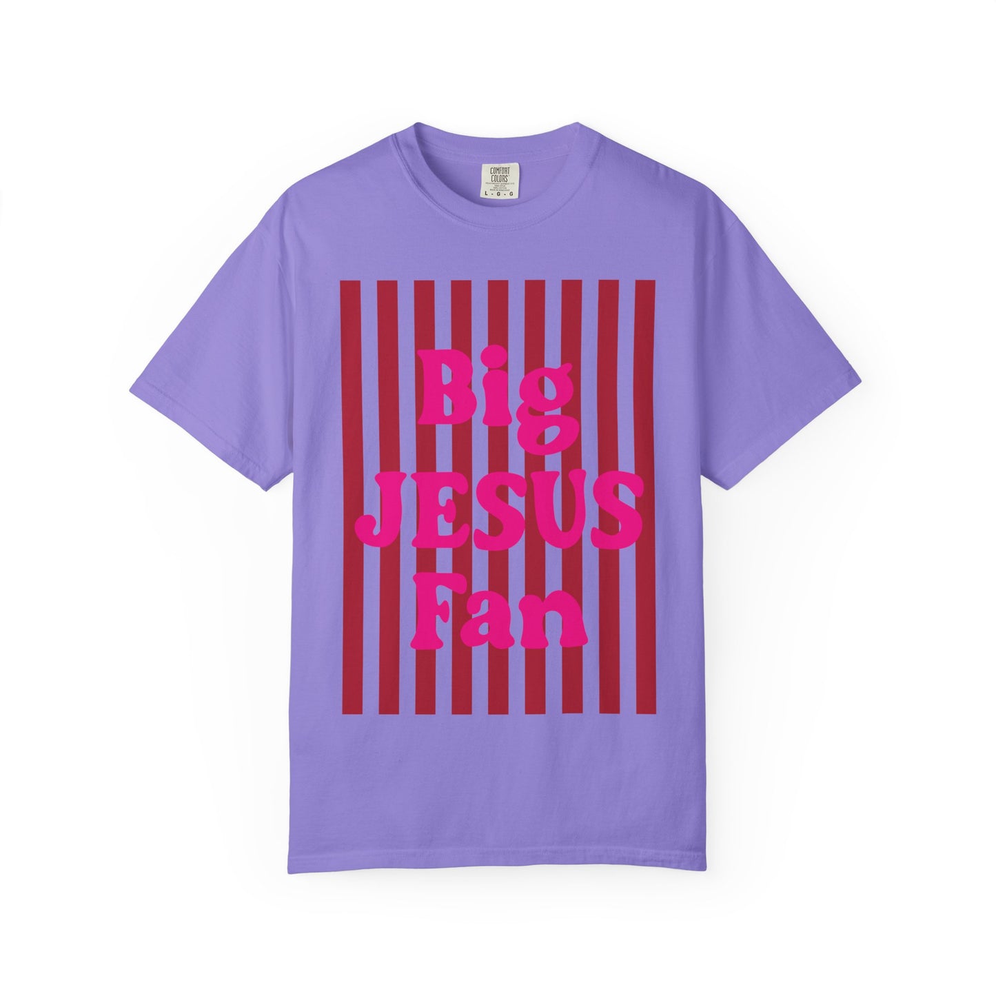 Christian Graphic T-Shirt — "Big Jesus Fan" Pink Text on Red Stripe Tee