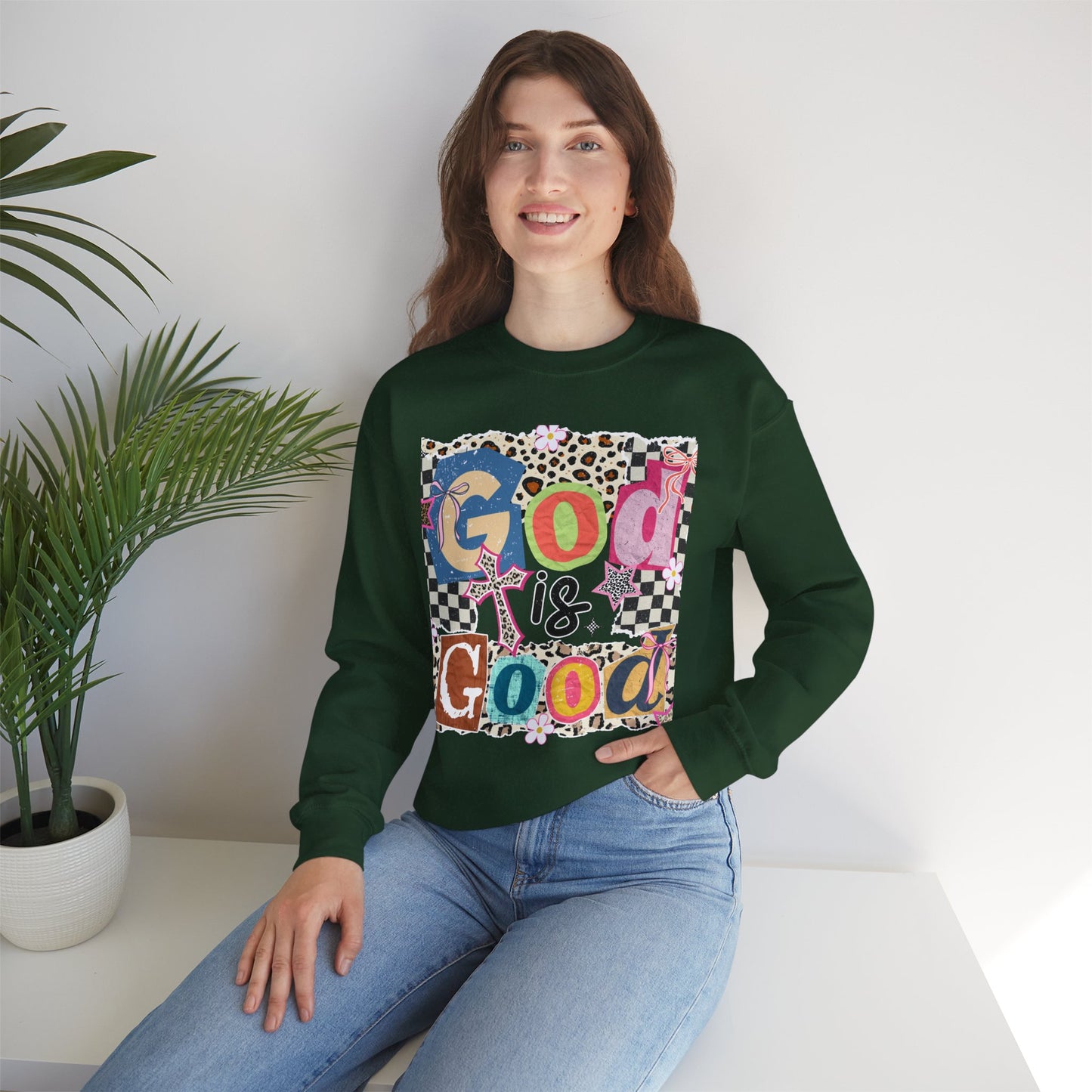 God Is Good Crewneck Sweatshirt — Colorful Patchwork Christian Graphic