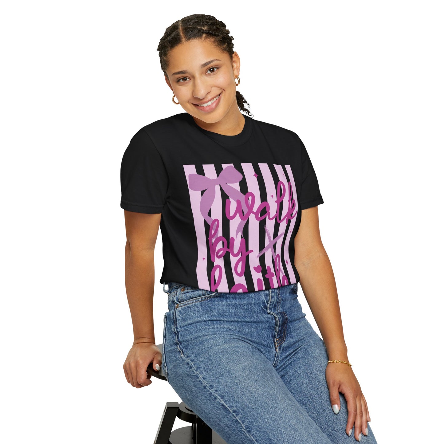 Walk by Faith T-Shirt — Pink Script Faith Graphic Tee