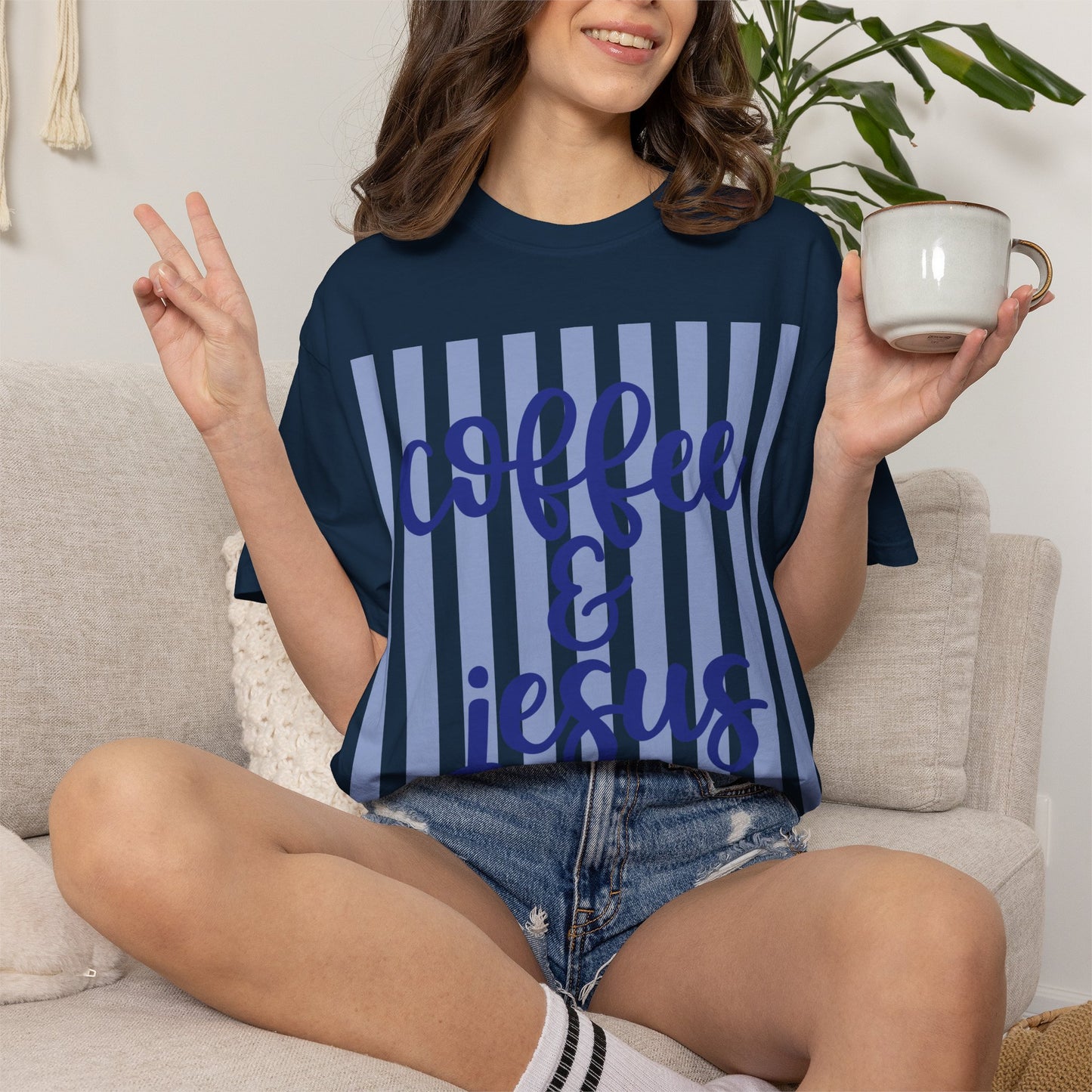 Coffee & Jesus T‑Shirt — Striped Faith Graphic Tee