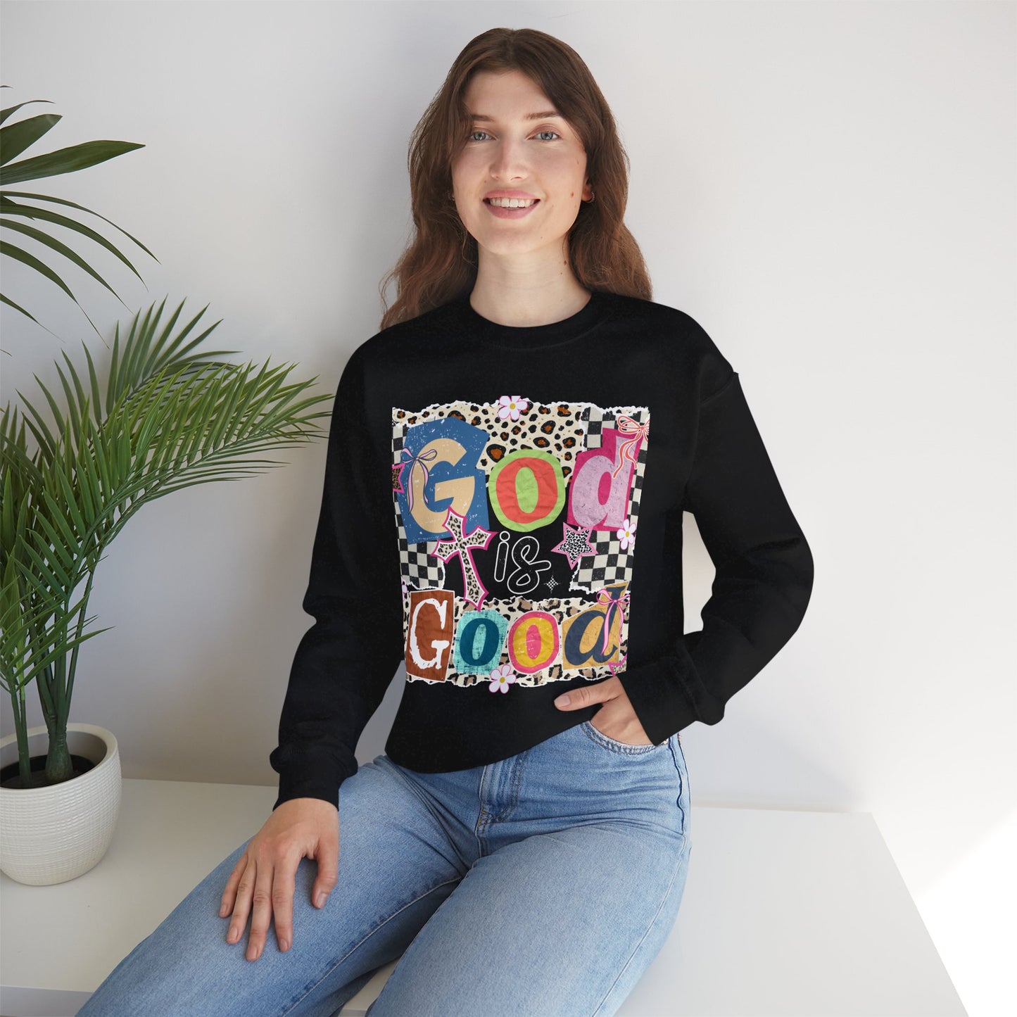 God Is Good Crewneck Sweatshirt — Colorful Patchwork Christian Graphic