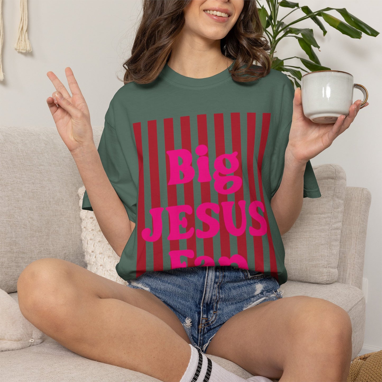 Christian Graphic T-Shirt — "Big Jesus Fan" Pink Text on Red Stripe Tee
