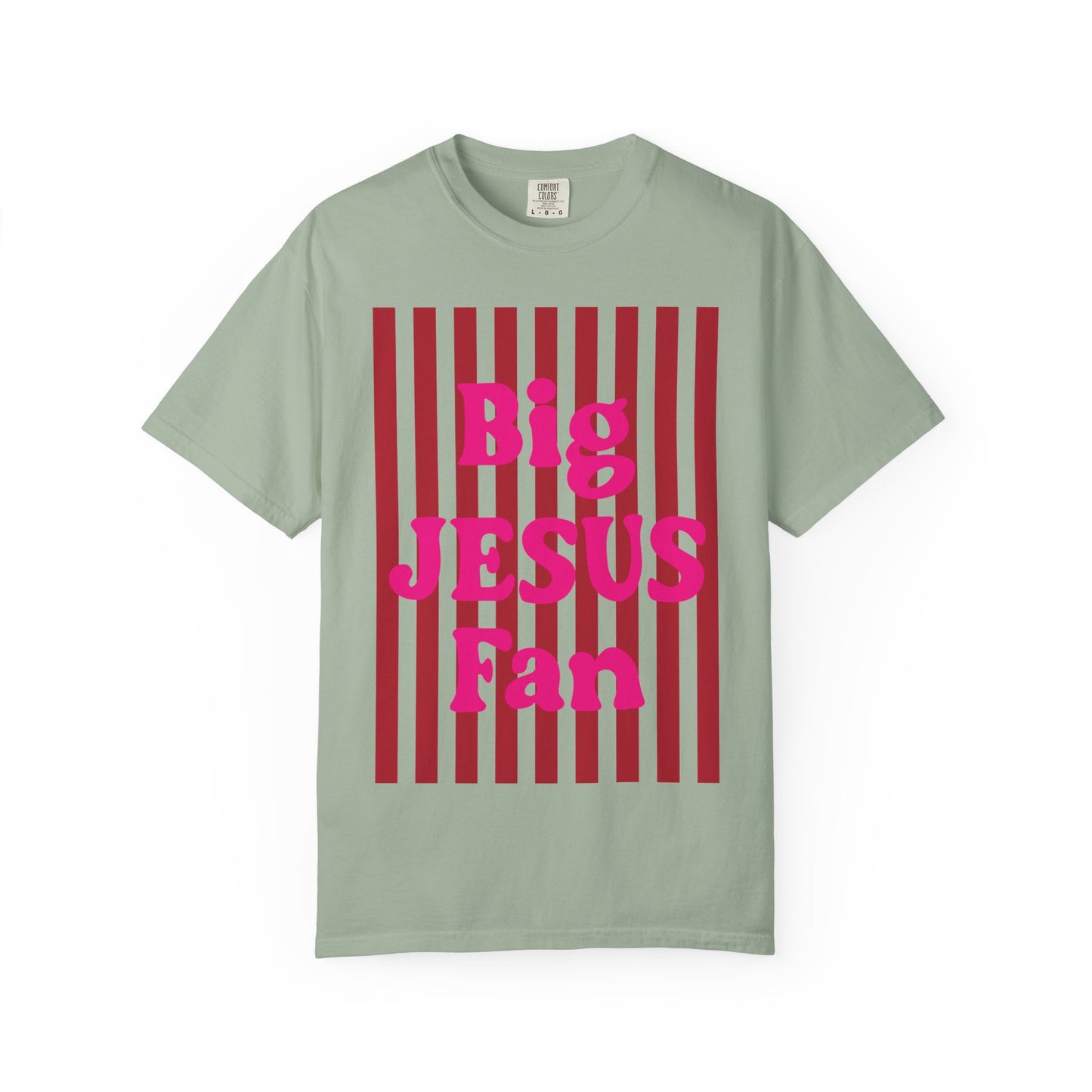 Christian Graphic T-Shirt — "Big Jesus Fan" Pink Text on Red Stripe Tee