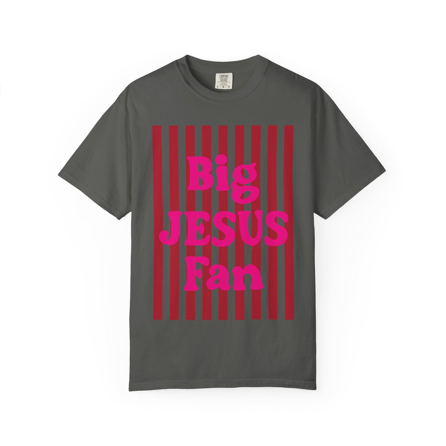 Christian Graphic T-Shirt — "Big Jesus Fan" Pink Text on Red Stripe Tee