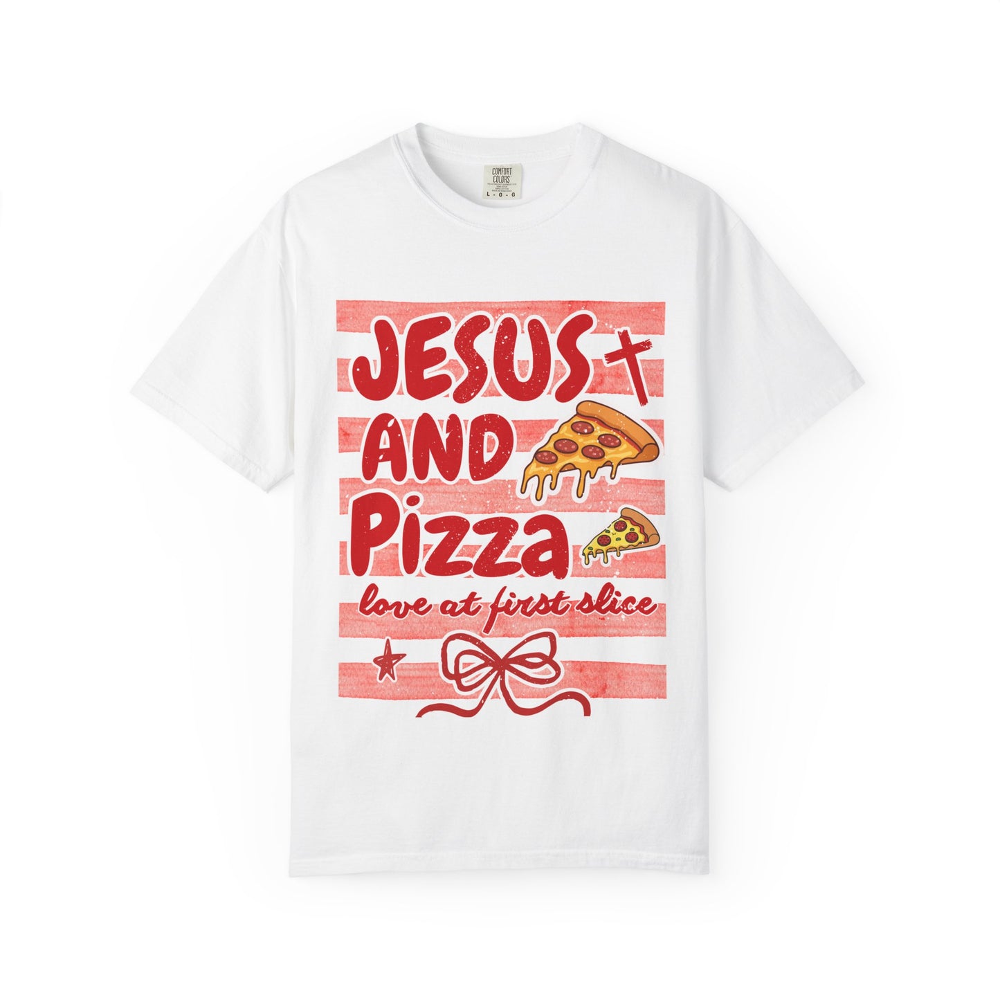 Jesus and Pizza T-Shirt — 'Love at First Slice' Christian Graphic Tee
